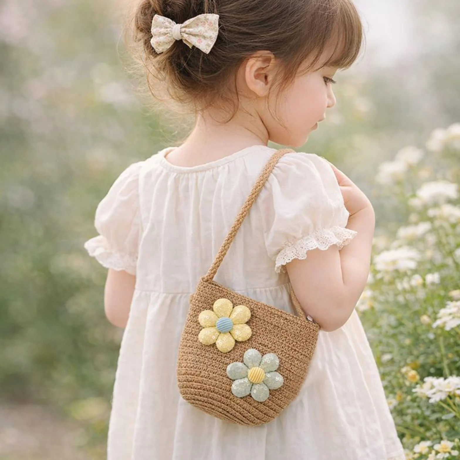 Ensemble sac à bandoulière pour filles – Joli sac à main avec lunettes de soleil à fleurs, sac à main tressé réglable pour enfant