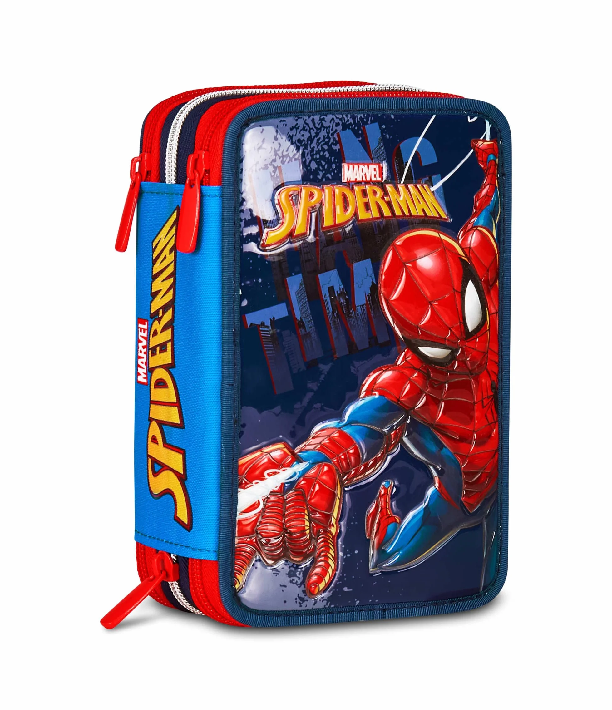 Seven Spiderman Trousse Scolaire 3 Zip, Bleu, Porte-Stylo Triple Compartiment Complet avec Stylets, Crayons, Couleurs, Accessoires Sac à Dos, école Primaire, Enfant, Bleu, Moderne