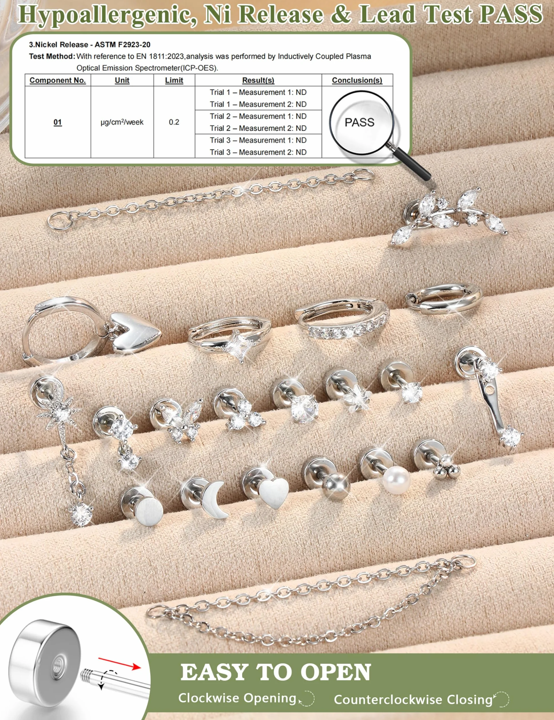 CASSIECA 21Pcs Boucles d'Oreilles Femme Acier Inoxydable Piercing Helix Or Argent Piercing Oreille Tragus Helix Conch Acier Chirurgical Bijoux Femme
