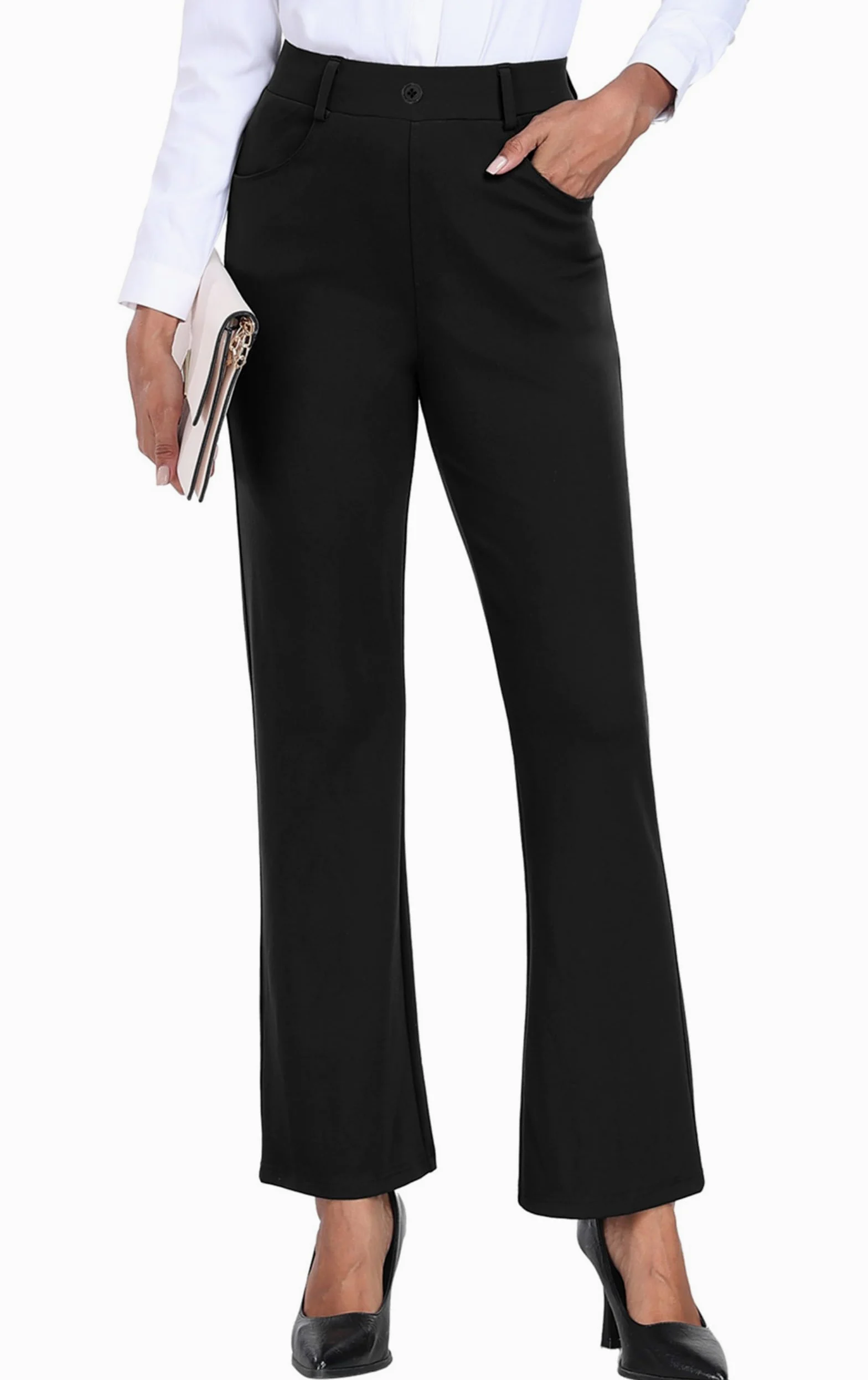 GRECERELLE Womens Work Trousers Office Smart Stretchy High Elasticated Waist Straight Leg Casual Yoga Pants for Women UK with Pockets Zipper