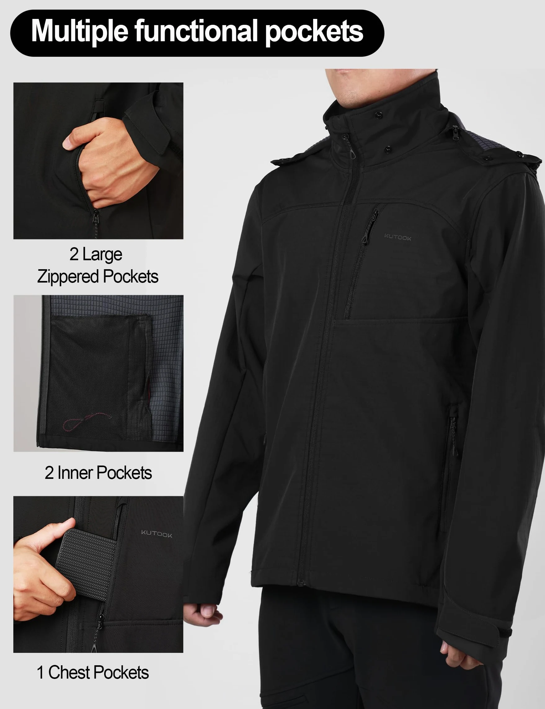 KUTOOK Veste Softshell Randonnée Hommes d'hiver Imperméable Coupe-vent Veste Polaire Cyclisme Homme Veste de Sport en Plein Air