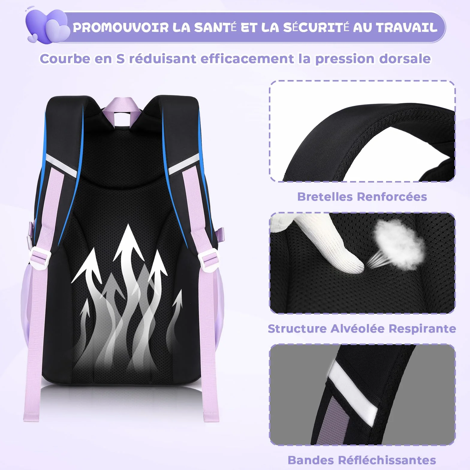 Sac à dos Fille Primaire Respirant avec Bandes Réfléchissantes, Sac d'école Ergonomique Léger