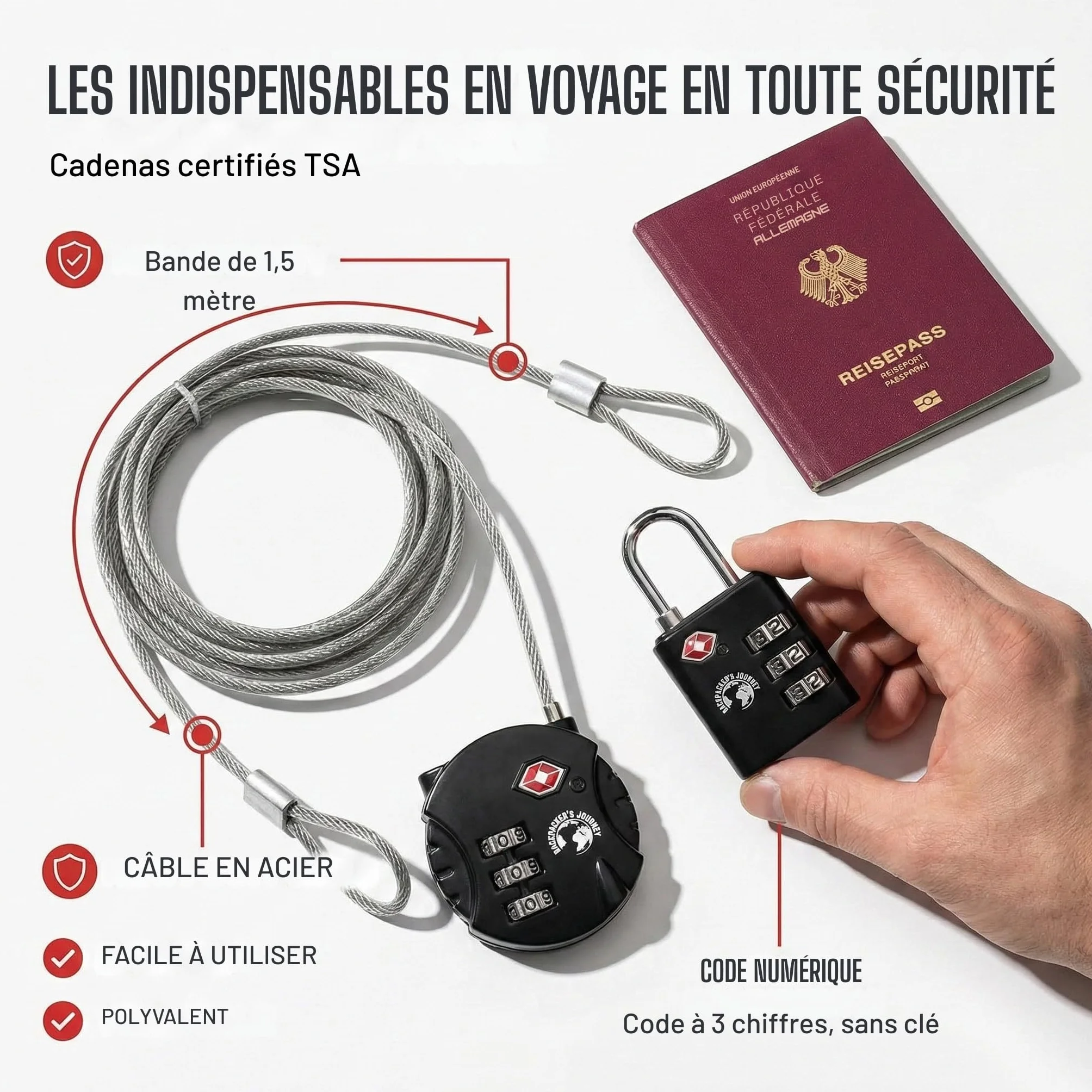 Cadenas à bagages à 3 chiffres - Cadenas de sécurité à combinaison pour valises voyage