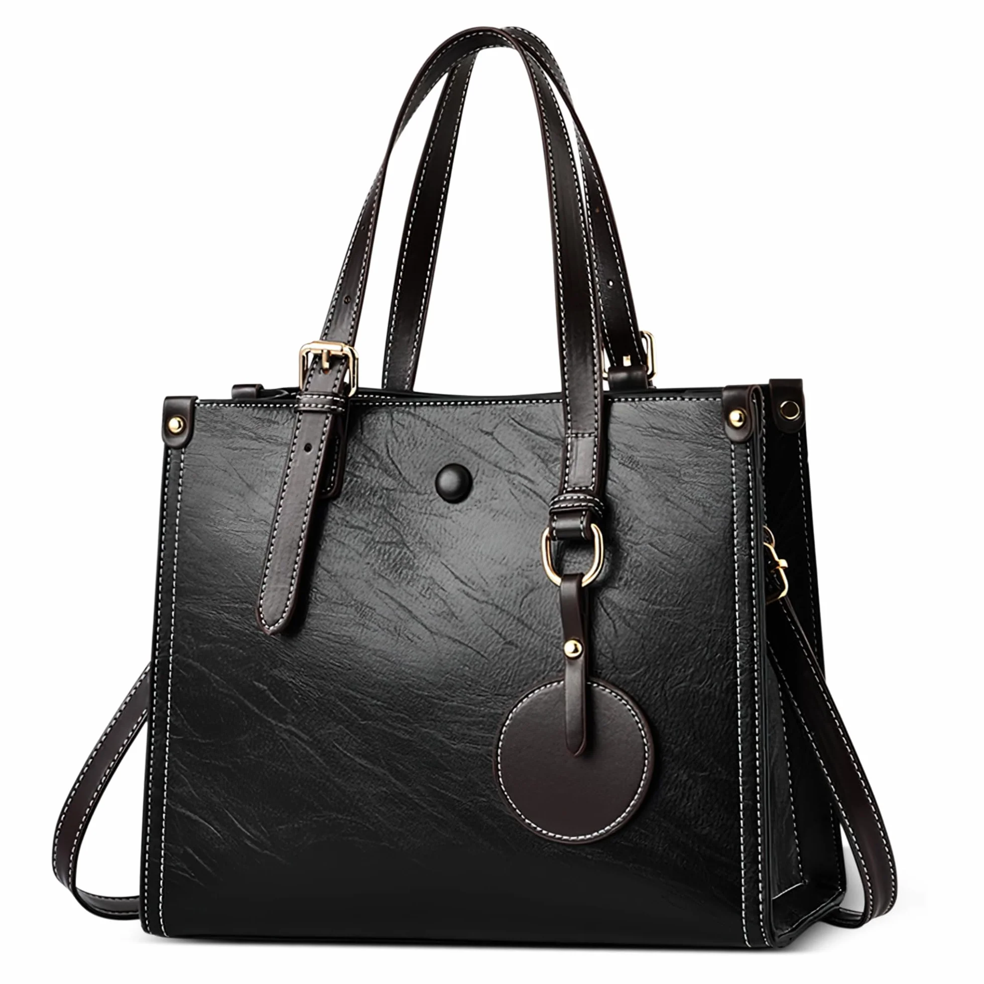 Sac À Main Élégant Femme Bandoulière PU Cuir Imperméable Pendentif Rond Bandoulière Réglable Amovible Noir Classique L