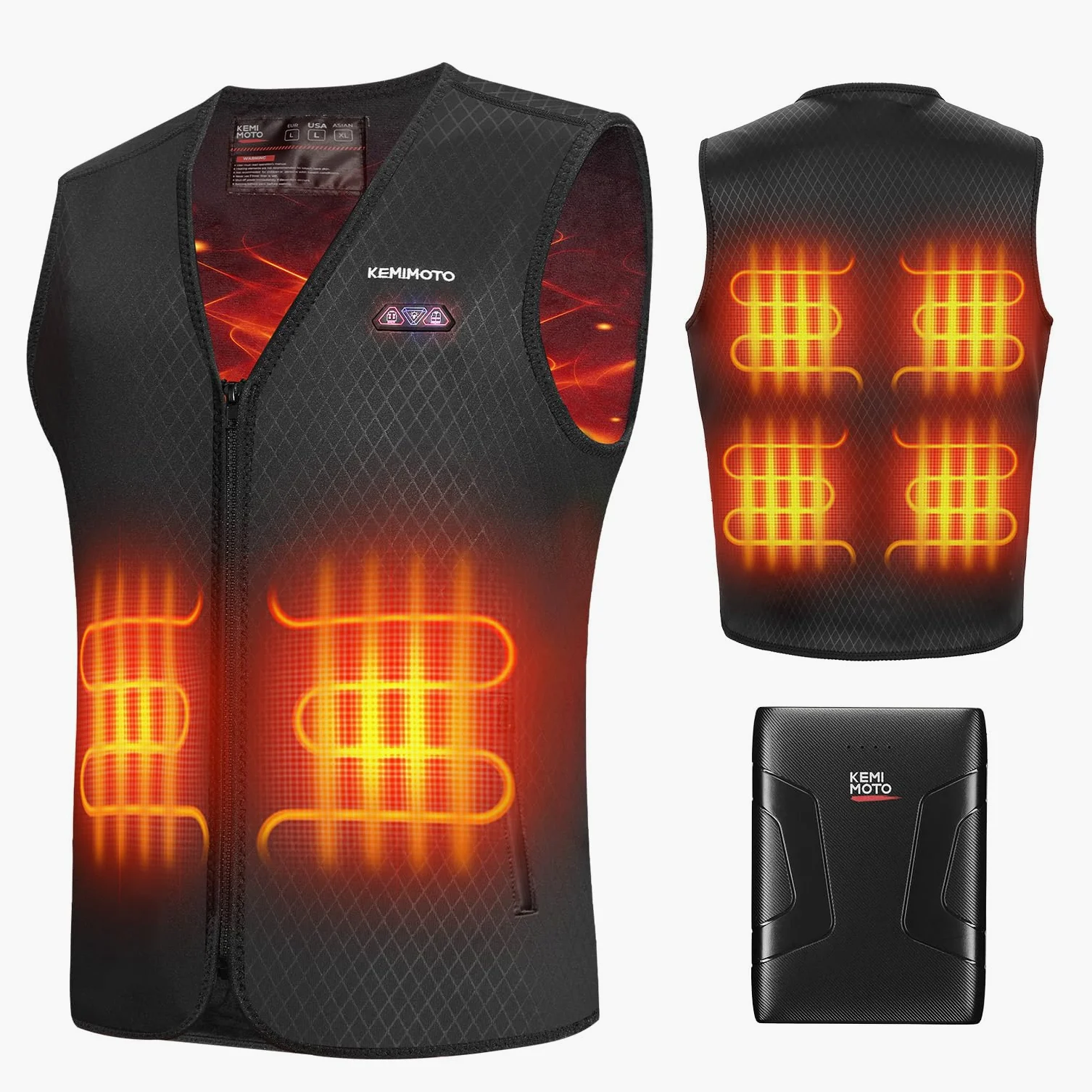 KEMIMOTO Gilet Chauffant Homme, Batterie 10000 mAh, Veste Chauffante Hommes Gilet Électrique, 6 Zones de Chauffage et 3 Réglages de Chaleur, Tissu de Plongée pour Ski Pêche Moto et Camping