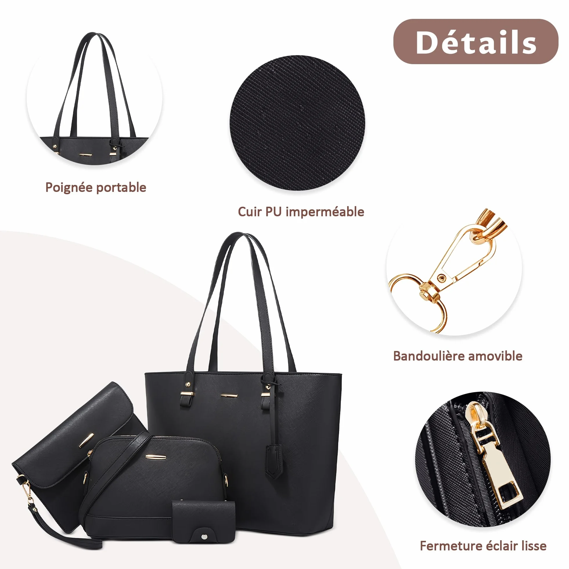 Sac à Main Femme 4 Pièces — Grand Cabas PU Cuir Élégant avec Bandoulière, Pochette et Porte-Carte, Idéal Université, Travail, Shopping, Voyage Noir