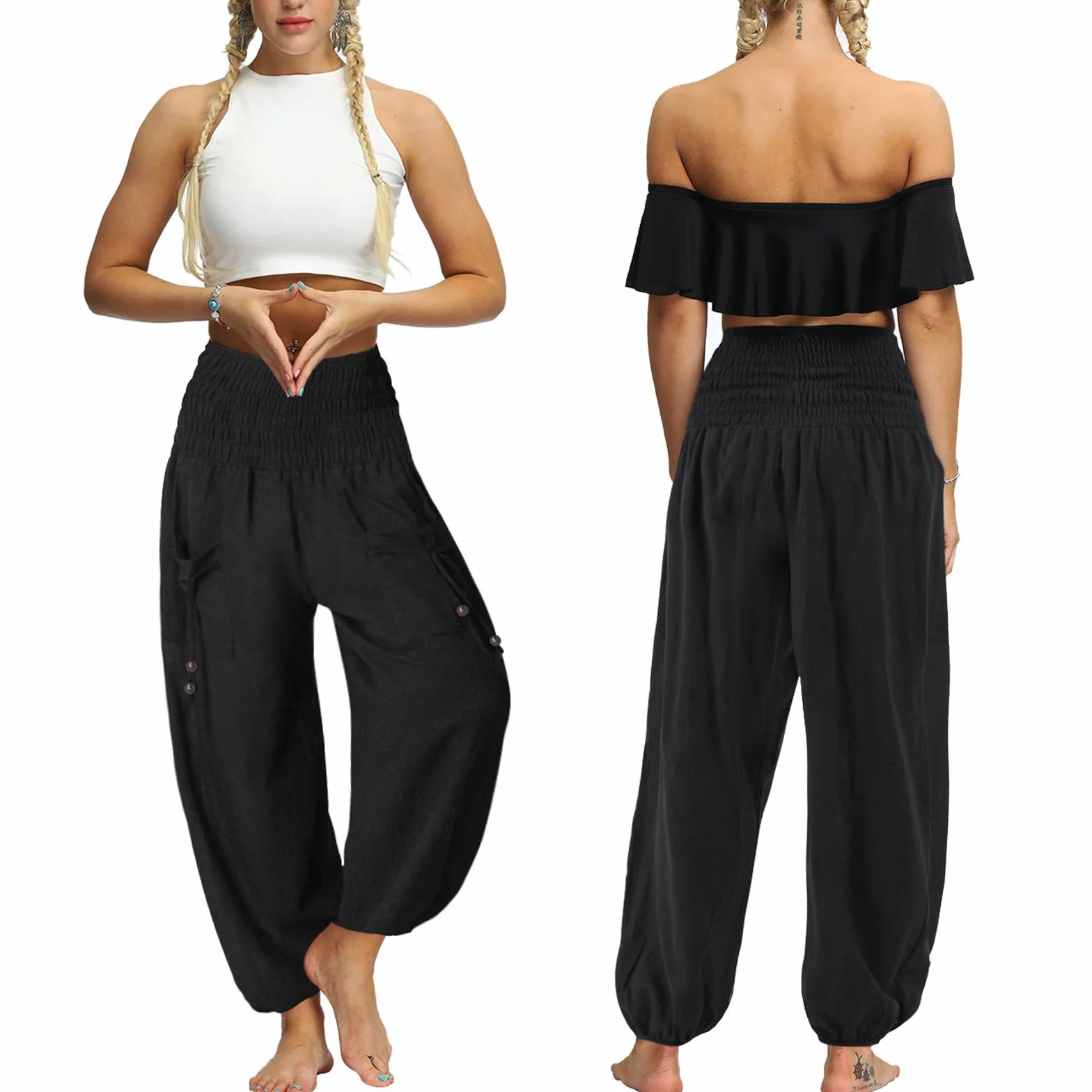 Nuofengkudu Femme Hippie Pantalon Sarouel Poche Taille Haute Harem Yoga Pants Boheme Soft Leger Pantalons Pyjama Ete Plage