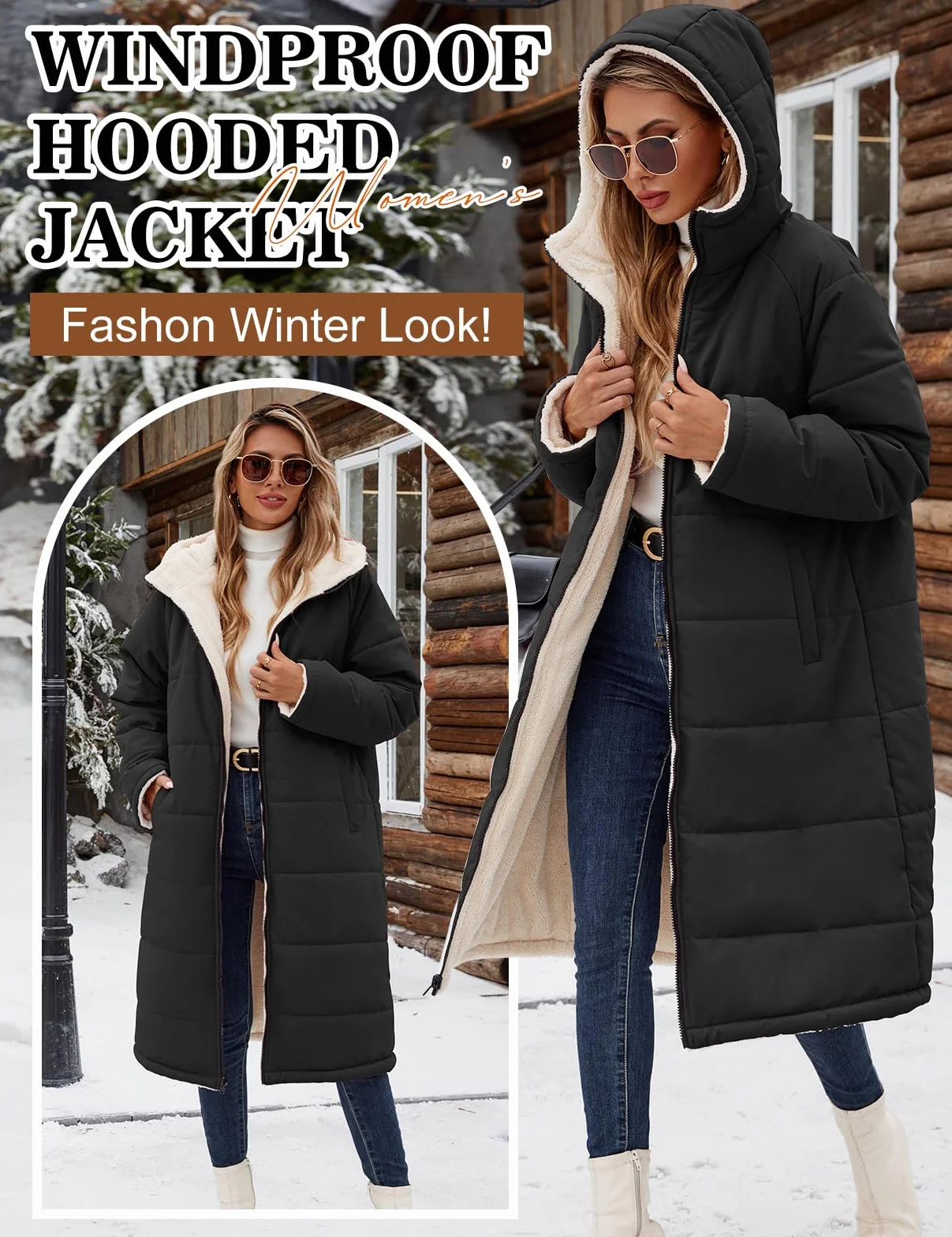 Vancavoo Manteau Hiver Femme Long Polaire Parka Veste Matelassée Chaude | Réversible Parka avec Déperlante, Capuche Fixe, Zip Intégral et Poches Latérales
