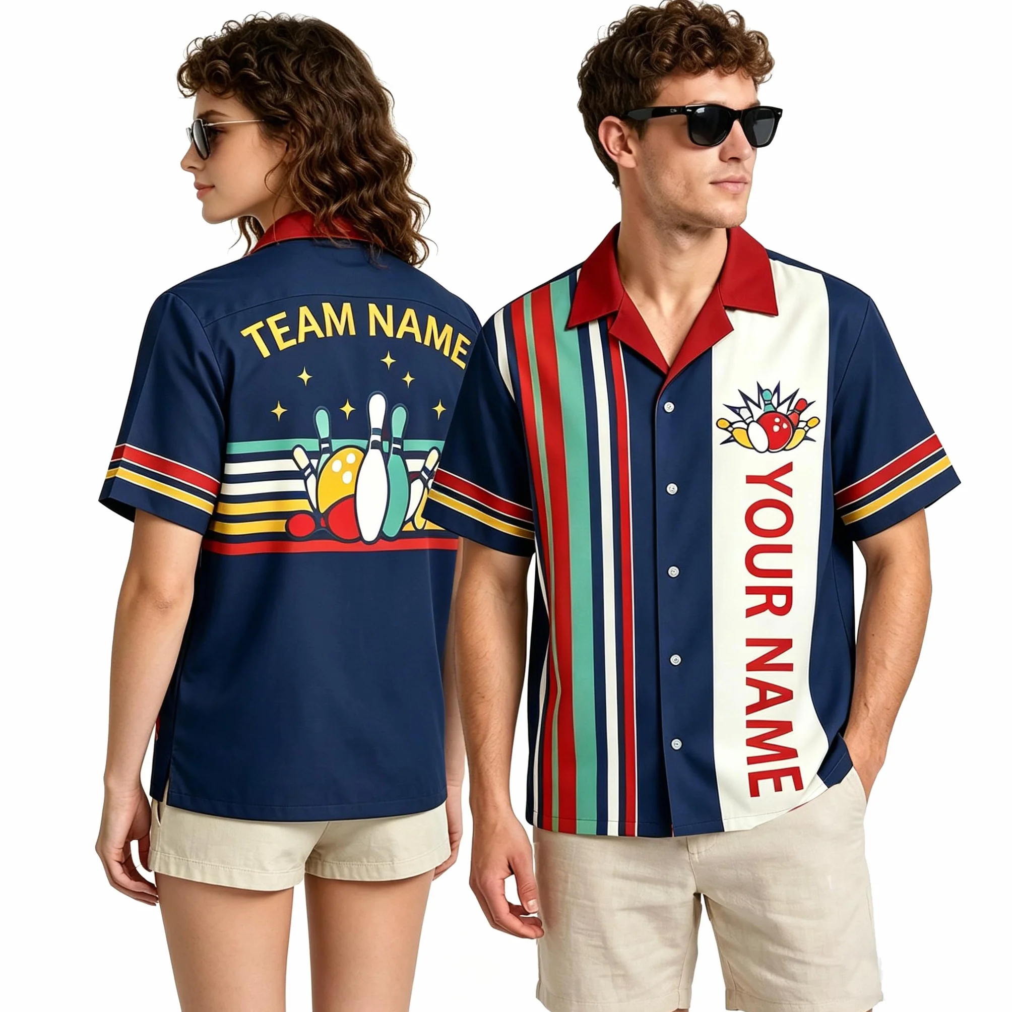Maillot de Bowling personnalisé avec nom et Logo – Chemise de Bowling rétro hawaïenne pour équipe, Polo Manches Courtes – Tenue de Bowling sur Mesure Cadeau pour Homme et Femme