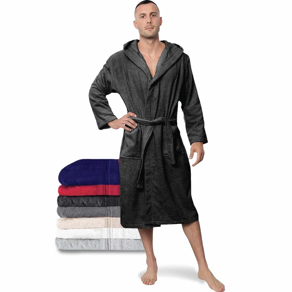 Twinzen Peignoir de Bain Homme - 100% Coton avec Capuche - Certifié Oeko-TEX® - Robe de Chambre Eponge 2 Poches, Ceinture - Doux, Absorbant et Confort