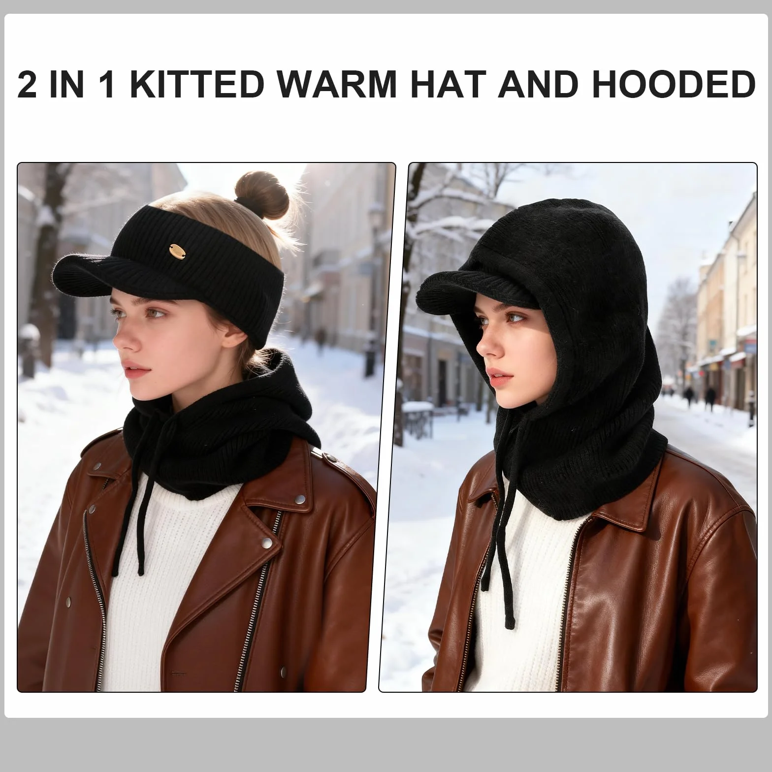 Femme Bonnets et Écharpes Tricotés d'hiver, 3 en 1 Multifonctionnel Chaude Coupe-Vent Réglable Cagoule avec Écharpe Capuche, Casquette de Baseball Masque avec Cache-Cou pour Sports de Plein Air