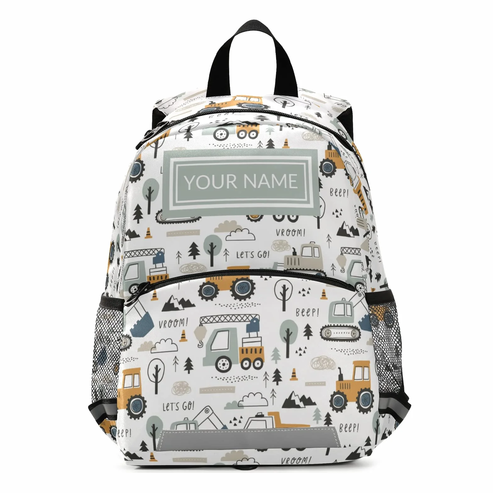 Sac à dos personnalisé avec nom - Motif camions mignons - Sac d'école pour enfants avec laisse de sécurité