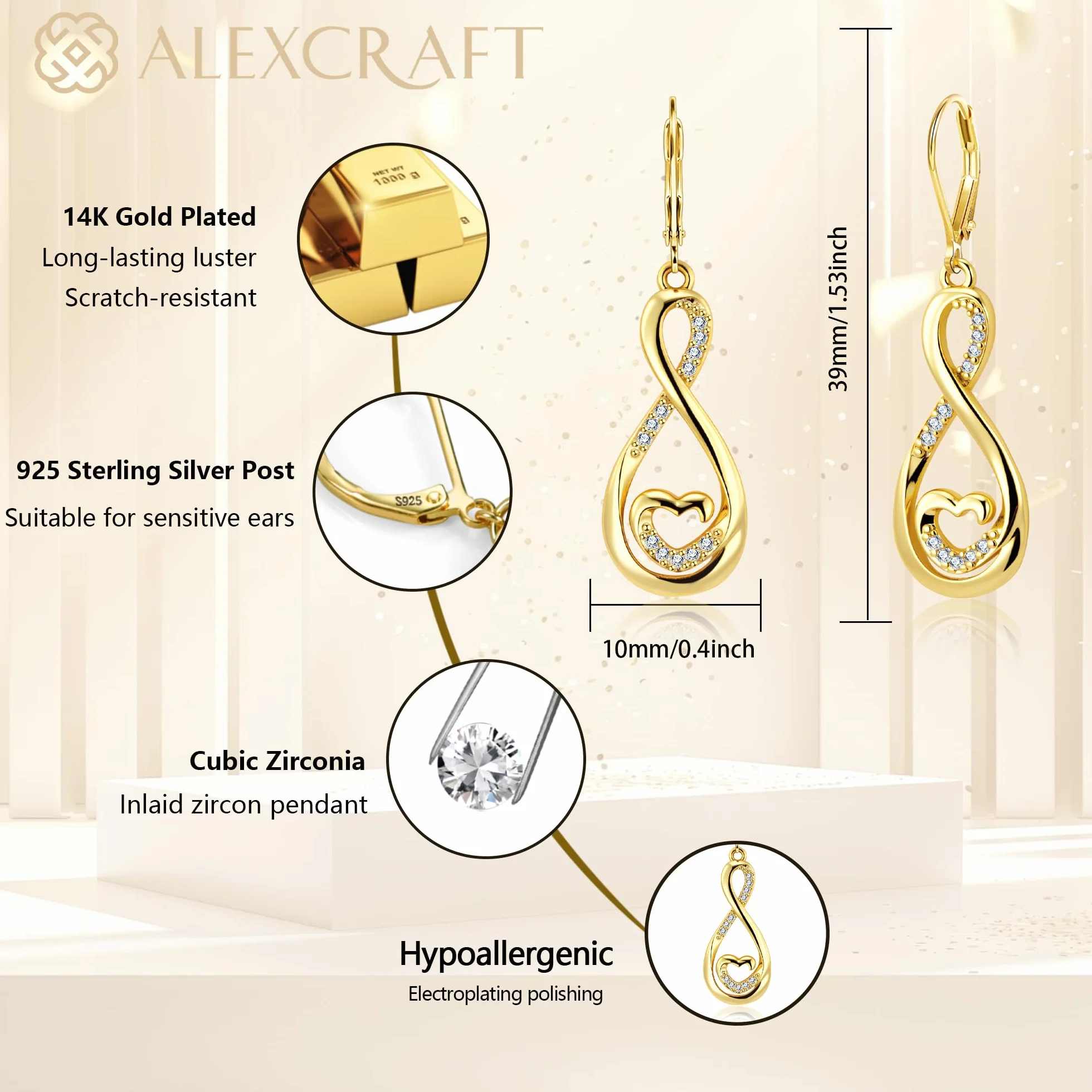 ALEXCRAFT Boucles D'oreilles Pendantes Femme Or, Boucles d'Oreilles Élégantes Plaquées Or 18 Carats, Argent 925 Post, Hypoallergéniques, Cadeaux de Bijoux