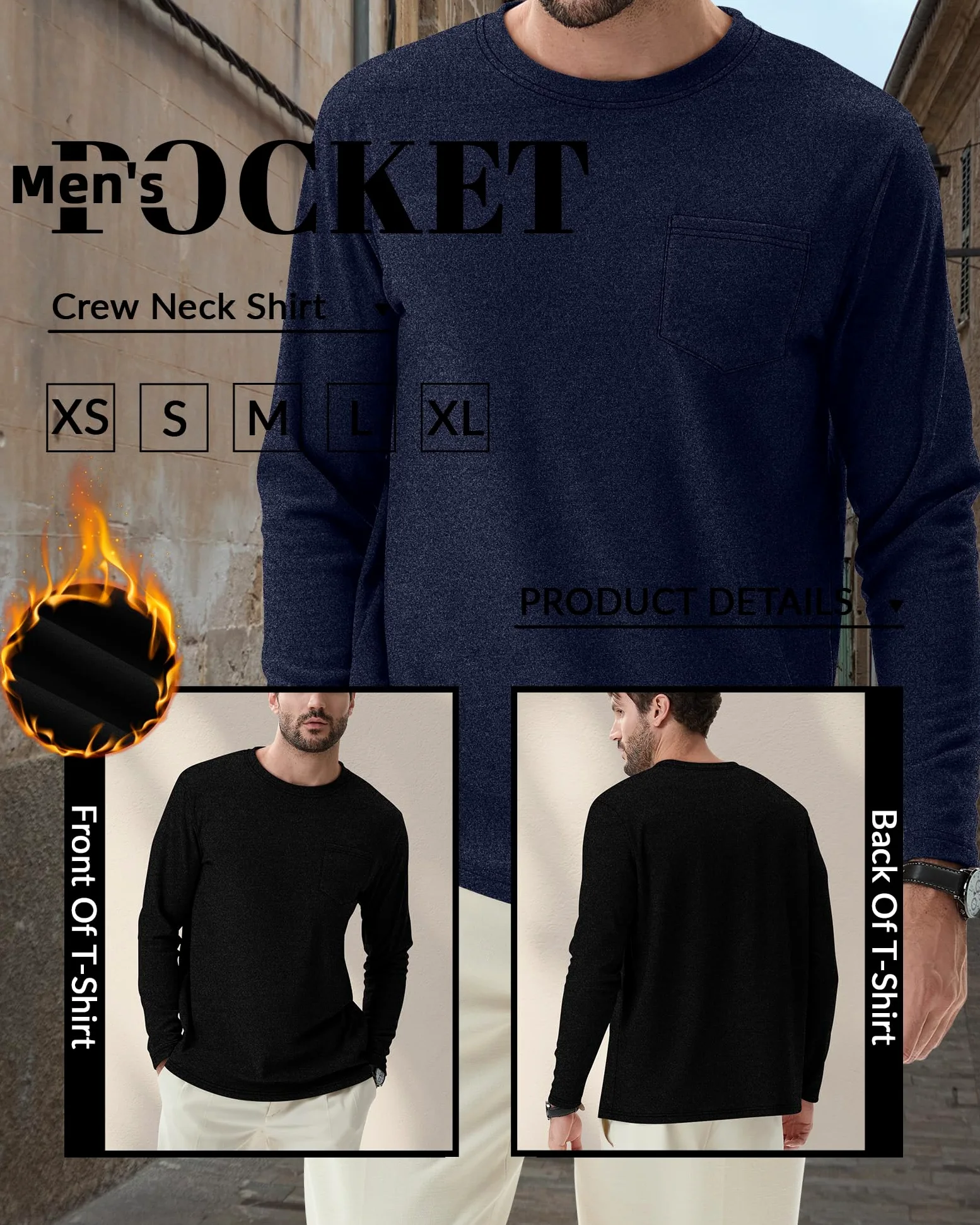 Neer Lot de 3 chemises thermiques pour homme avec doublure en polaire - Coupe ample - Décontracté - Col rond - Couche de base légère