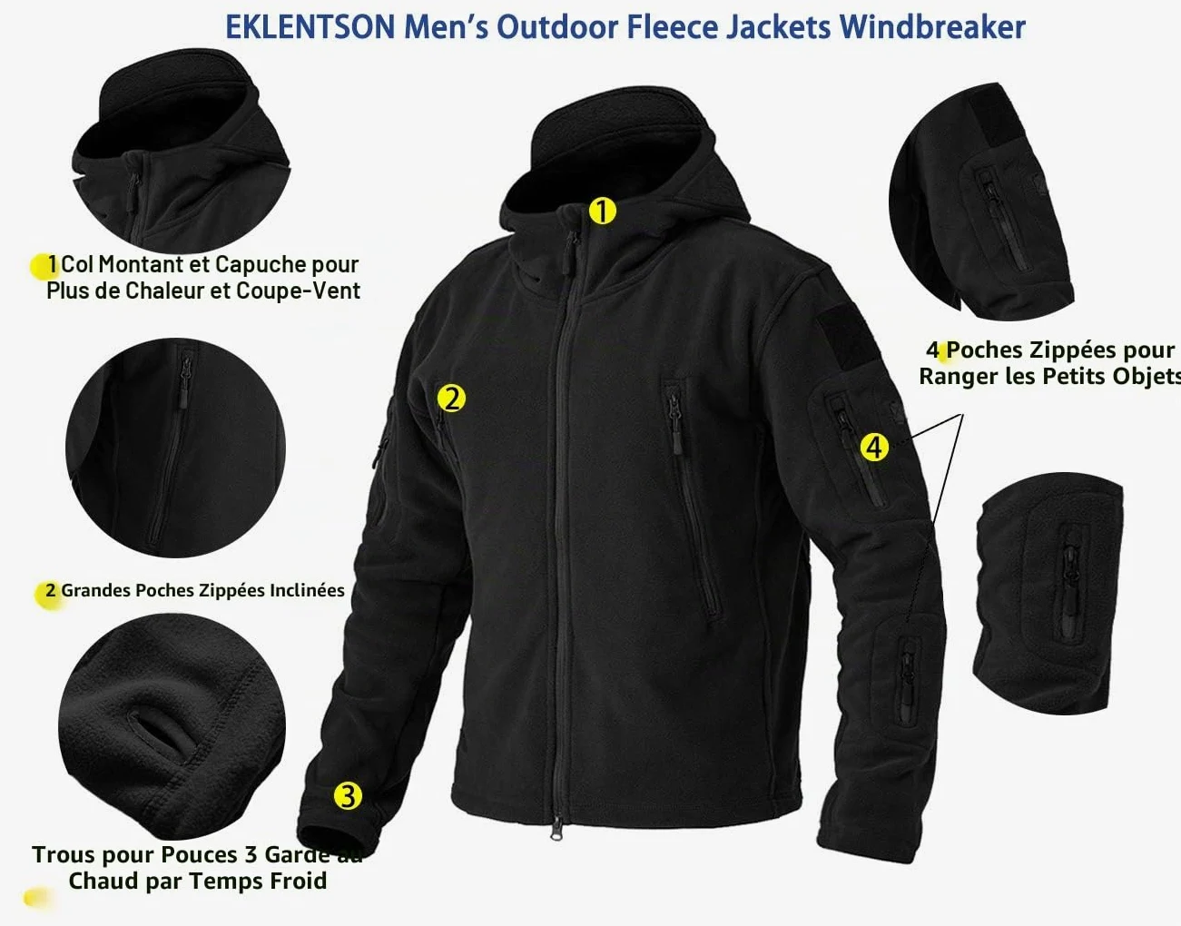 EKLENTSON Blousons Homme Veste Polaire à Capuche Zippée Coupe-Vent de Voyage Tactique Camping Randonnée Chasse Manteaux d'hiver avec Poches Zippées