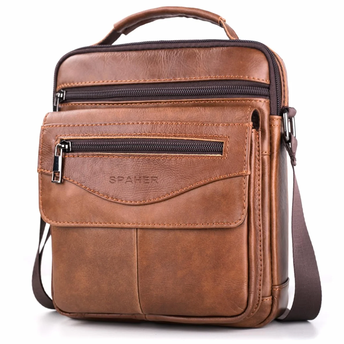 SPAHER Sacoche Homme Cuir Véritable Sacoche Homme Bandouliere Pochette Homme Grand Sac Bandoulière Homme Sac Porté Epaule Sacs Business Sacs à Main Voyage pour Ipad 11 Pouces Marron