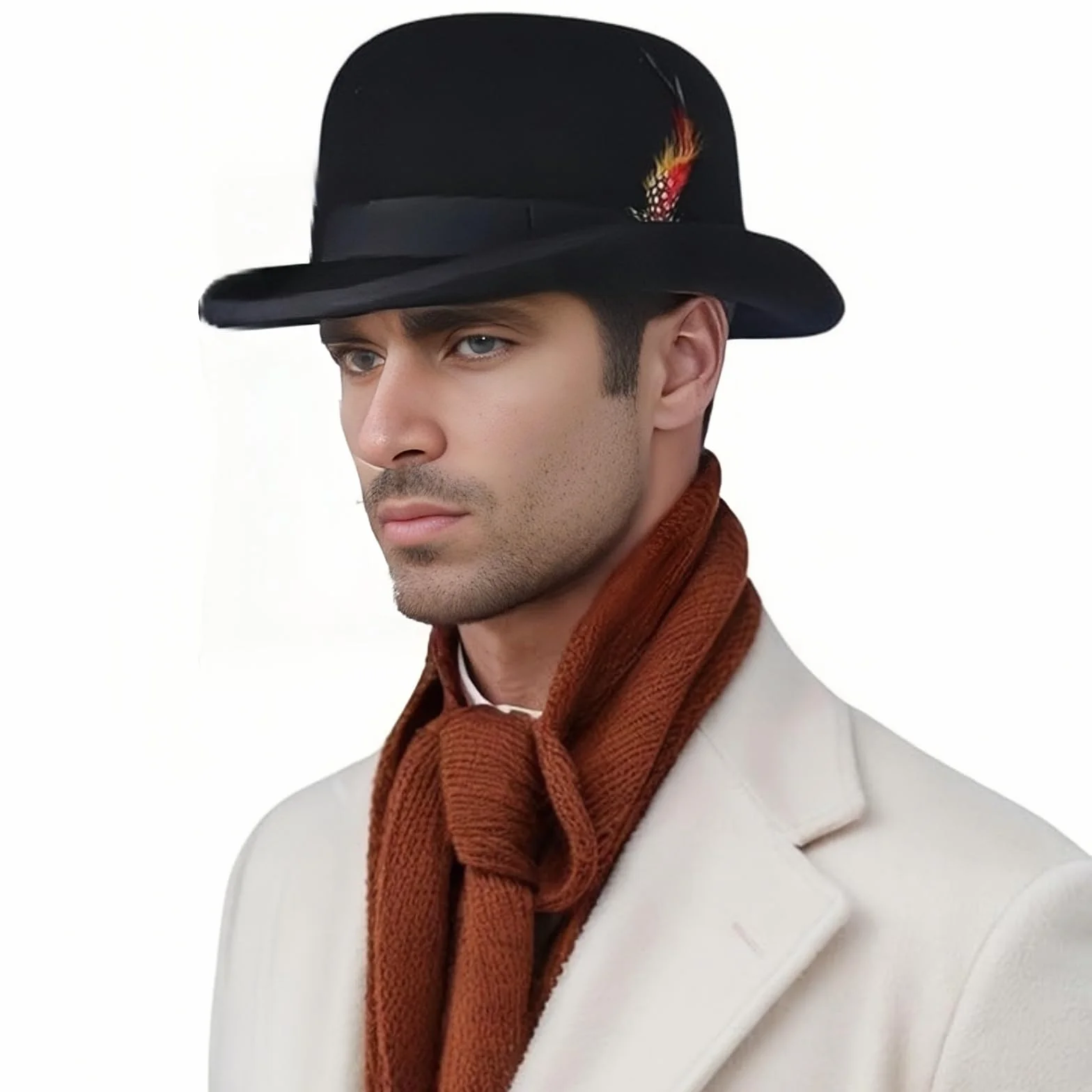 Chapeau melon en feutre dur avec plumes et doublure satin