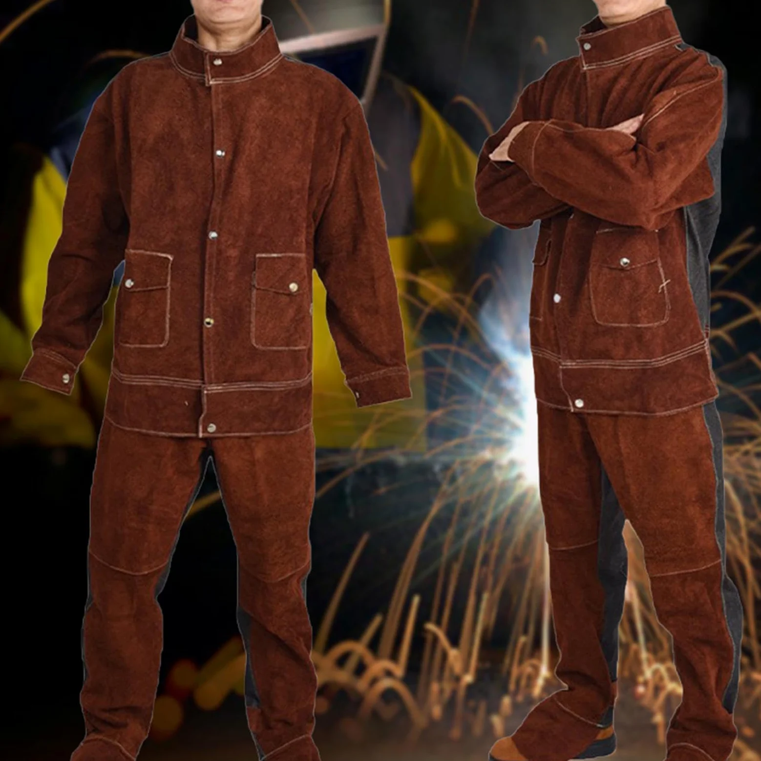Veste de Soudage En Cuir, Pantalon, Veste de Soudeur En Cuir Résistant à La Flamme Costume, Salopette de Soudeur, équipement de Protection, Tablier de Soudager Résistant à La Chaleu, Brun, xl