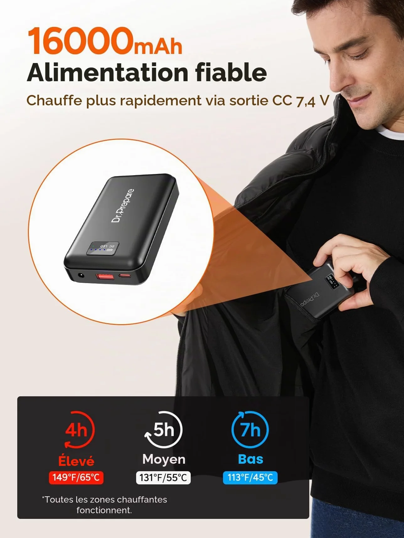 DR.PREPARE Veste Chauffante Homme Femme avec Batterie 7,4 V 16000 mAh, 10 Zones Chauffantes, 3 Niveaux de Chaleur, Gilet Chauffant Ajustable Chauffant pour Hiver Moto Randonnée Ski, L
