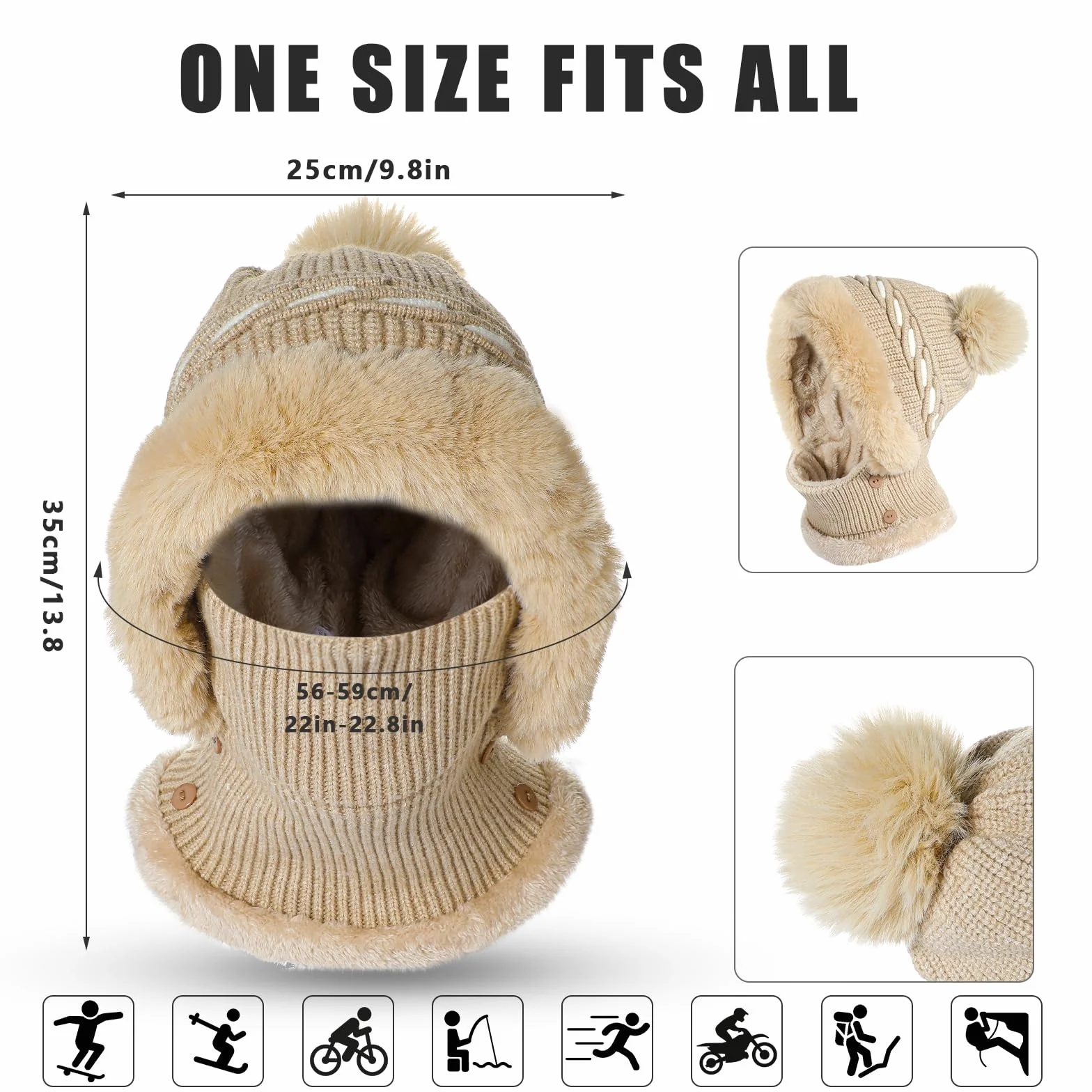 TAGVO Balaclava en Tricot avec Cache-Cou Masque Facial Réglable pour Les Femmes, Hiver Chaud Tricoté Bonnet Et Ensembles De Cache-Cou, Cagoule Tricoté Cache Cou Cache Oreille avec Pompon