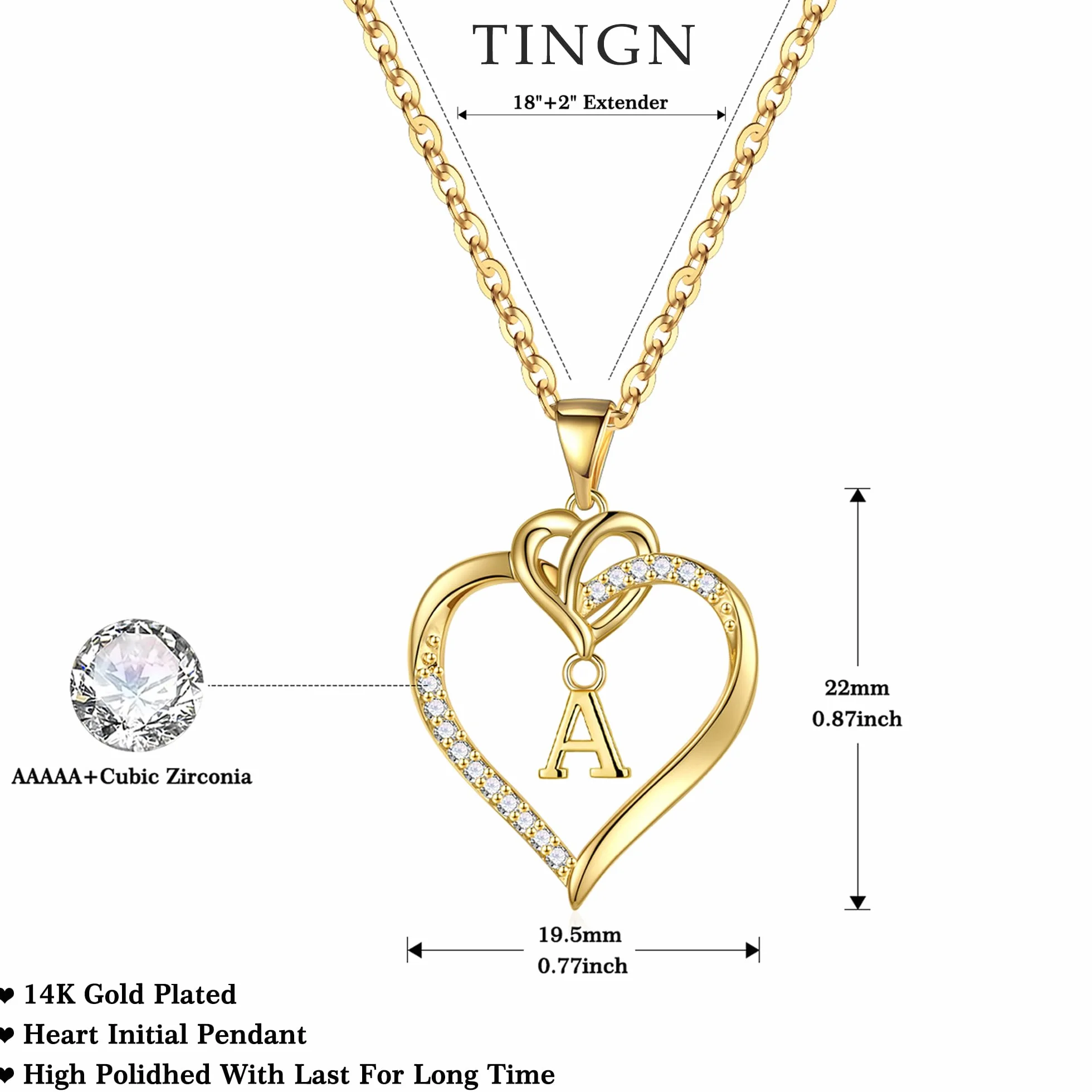 Collier Femme Or Plaqué 14 Carats Or Blanc Initiale Lettre Coeur Pendentif Zircone