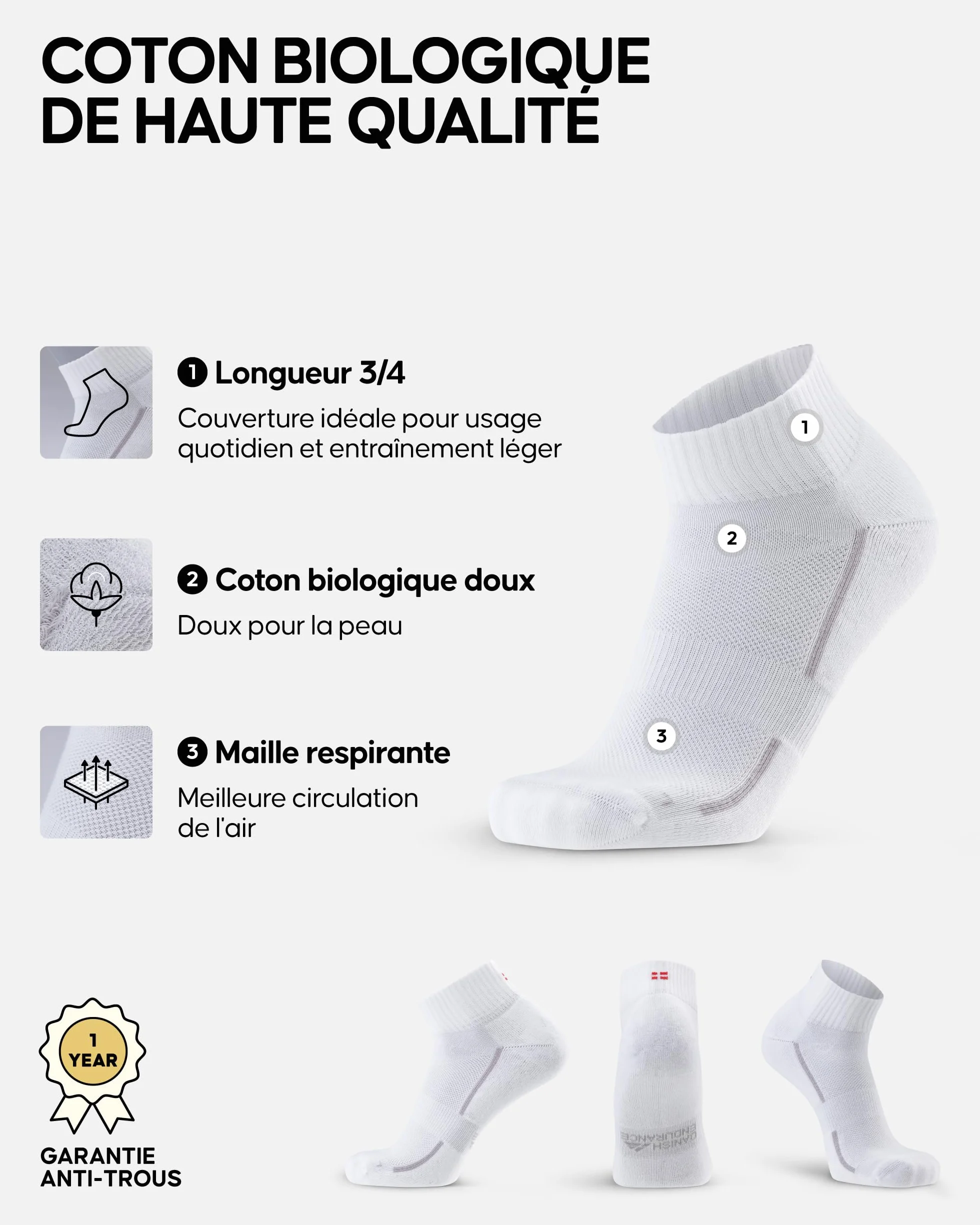 DANISH ENDURANCE Chaussettes de Sport en Coton Bio, Chaussettes Athlétiques Anti-Ampoules et Respirantes, pour le Quotidien & la Salle, pour Hommes & Femmes, Unisexes, Lot de 3 ou 6