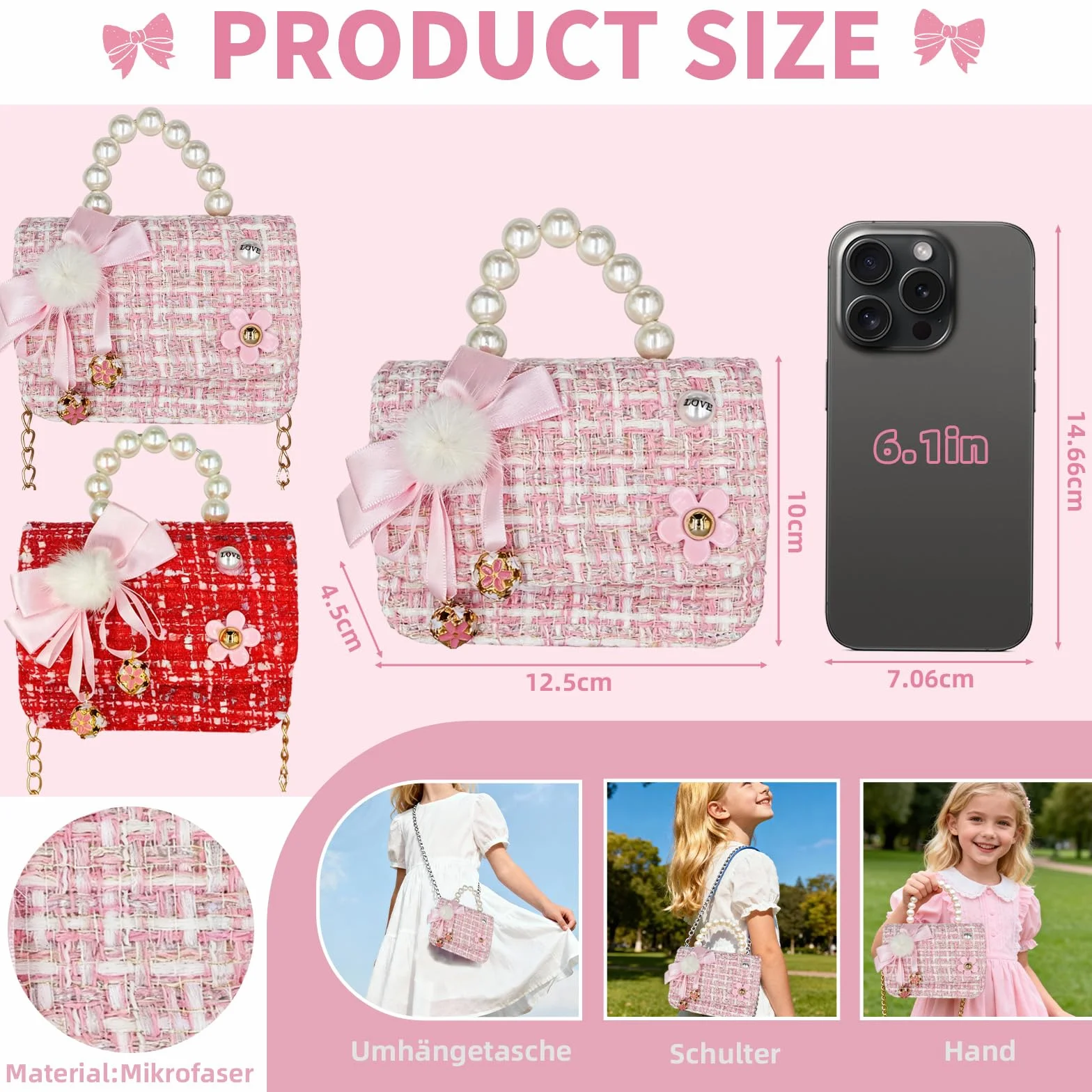 Sac a Main Petite Fille,Sac à Bandoulière pour Fille avec Nœud Décoratif | Mini Sac à Main avec Poignée Perles | Idée Cadeau Anniversaire pour Enfant 2-7 Ans