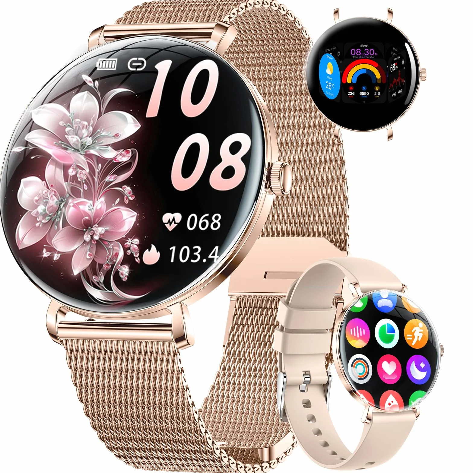 Léger Montre Connectée Femme avec Extra-plat Écran Courbé AMOLED Bluetooth Appels Podómetro/Fréquence Cardiaque 100+ Modes Sportifs 5ATM Imperméable Smartwatch pour Femme Android iOS Rose Dorée