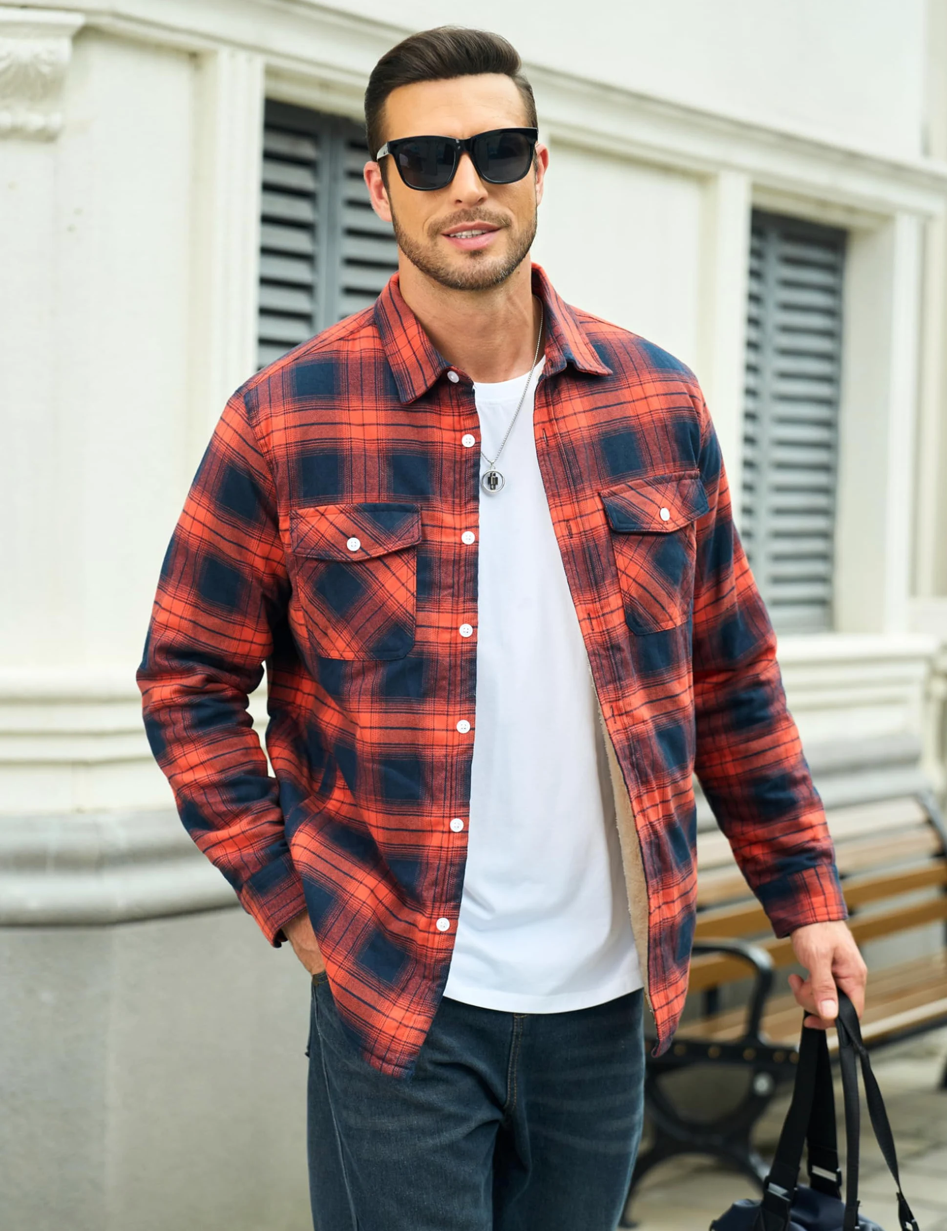 MAGCOMSEN Veste d'hiver pour homme - Veste doublée - Chemise thermique à carreaux - Avec poches multiples - Coton - Chemise chaude