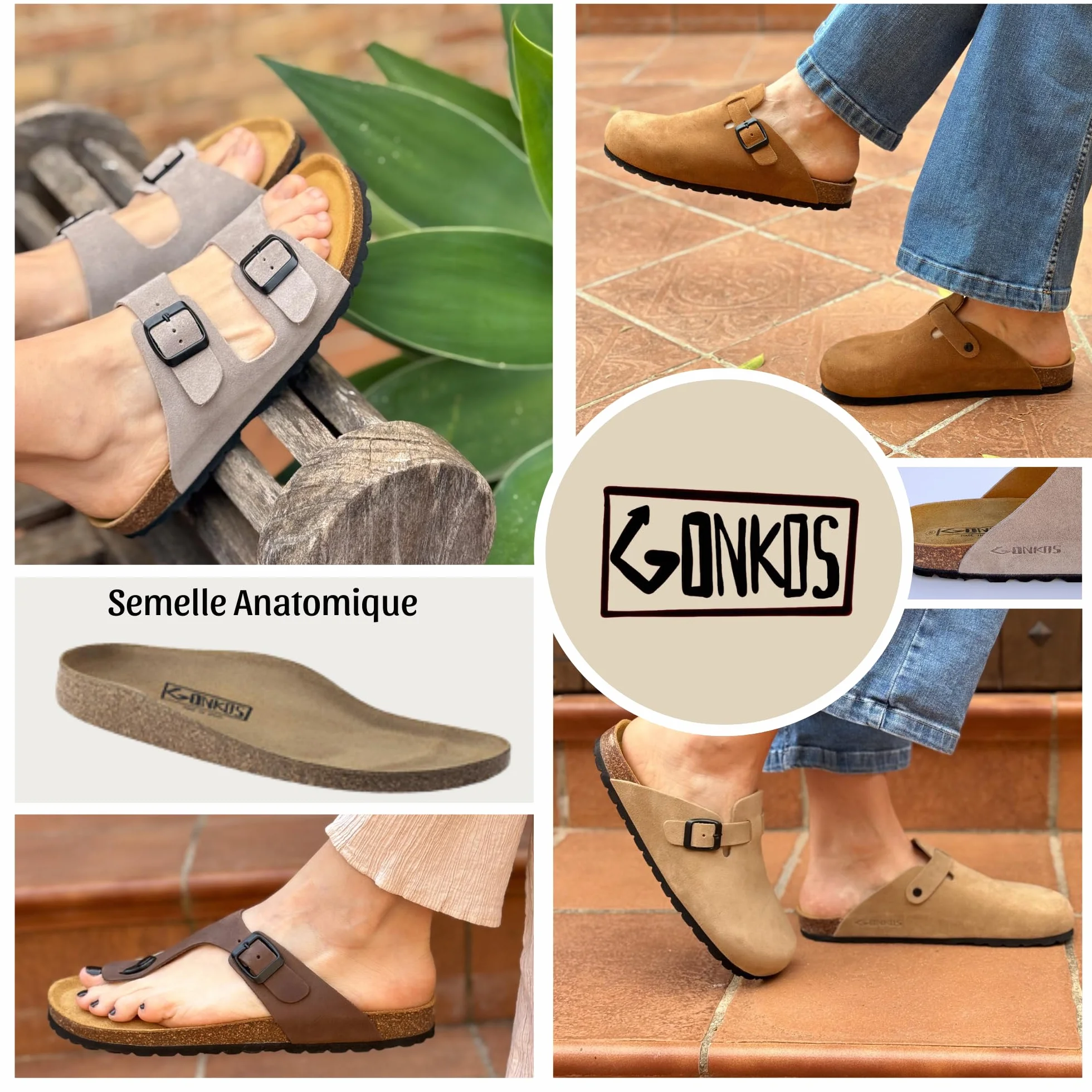 Sandales Tongs en cuir, Semelle intérieure anatomique en liège, Cuir véritable, Liège naturel, Boucle réglable, Tongs unisexe, Sandales de qualité fabriquées en Espagne