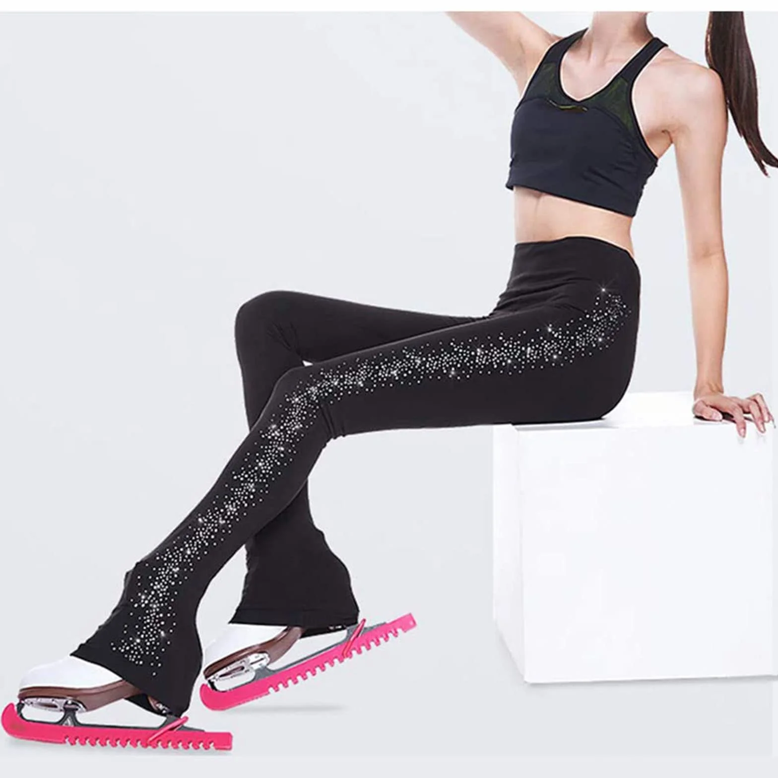 ZMIN Strass Patinage sur Glace Pratique Collants Pantalon Figure Skate Long Pantalon Legging avec Doublure en Molleton pour Femmes Filles,Noir,M
