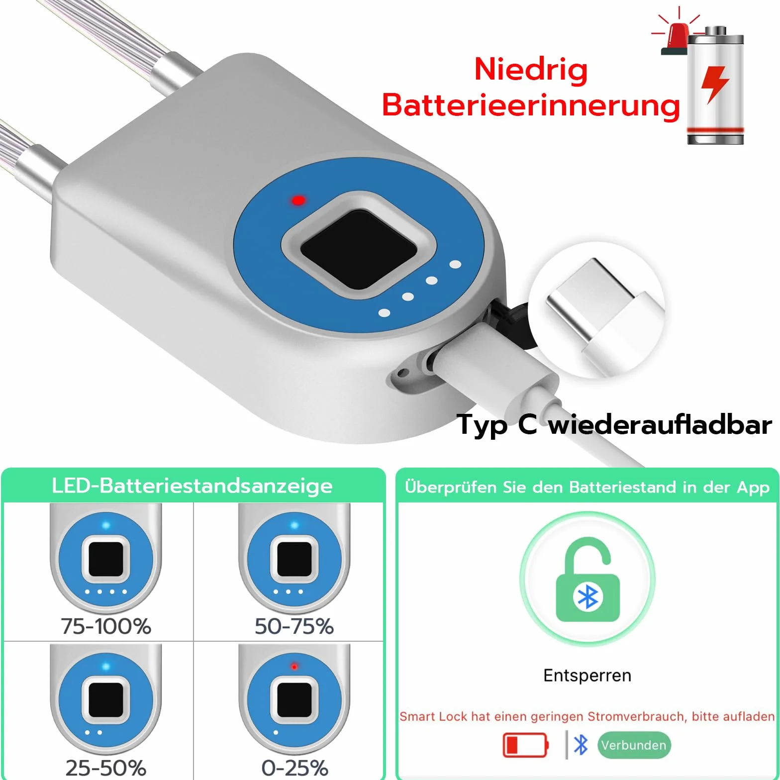 Anweller Cadenas à empreintes digitales avec câble antivol 22 cm pour vélo scooter électrique