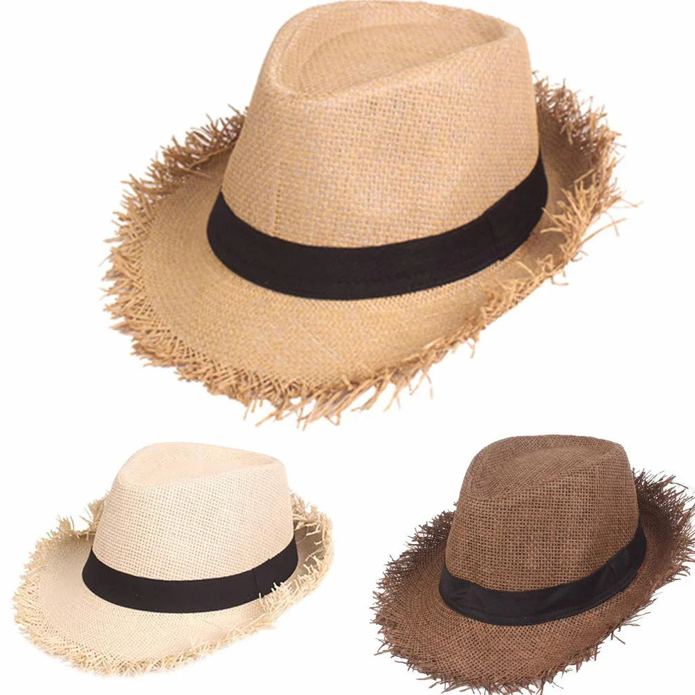 Chapeau de paille pour homme bord large tressé casquette plage visière été jazz Hawaii