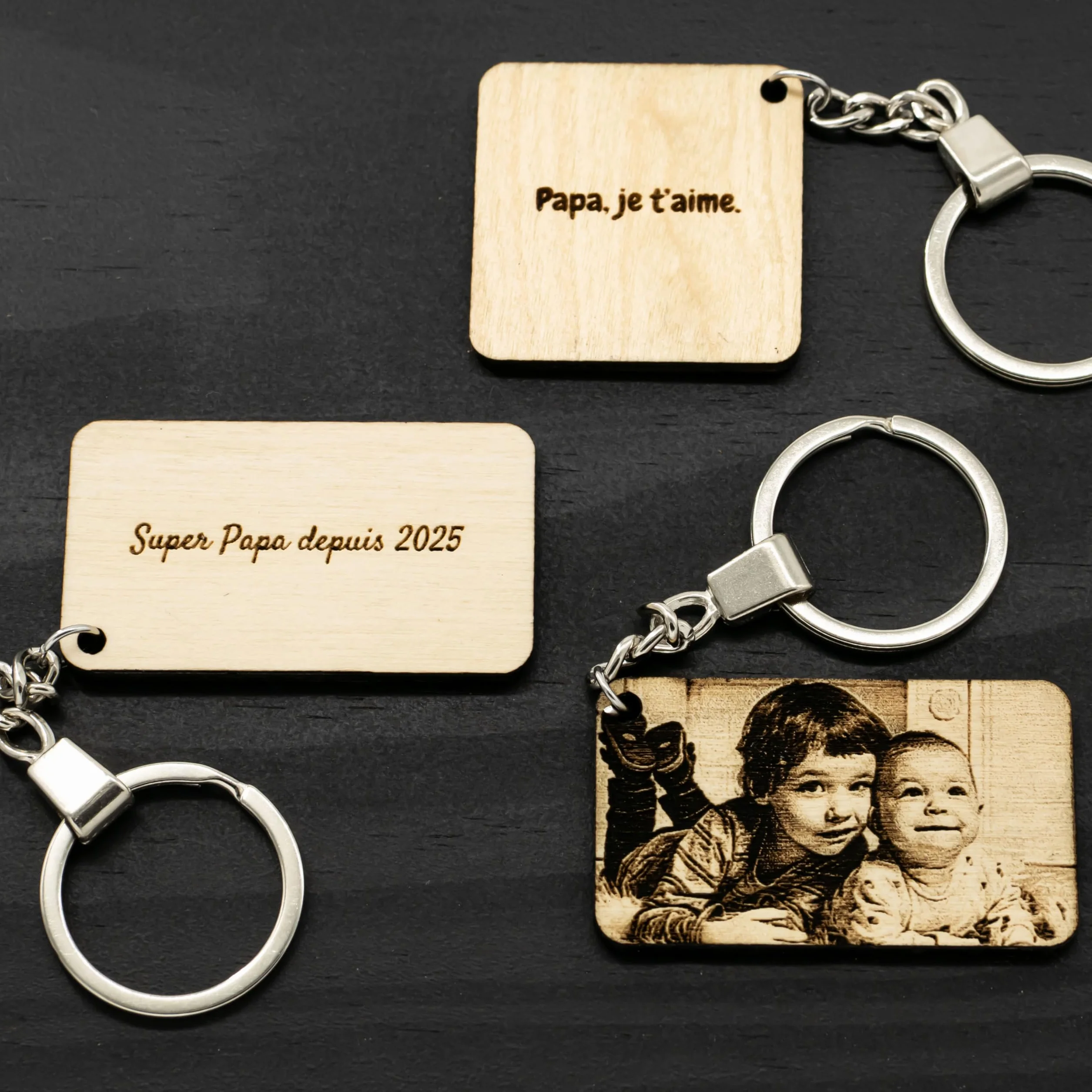 Porte-Clé Photo en Bois format Rectangle Personnalisé – Cadeau photo Fête des Pères, Fête des Mères, Anniversaire, Couple, Famille, Noël, animaux, plaisir d'offrir
