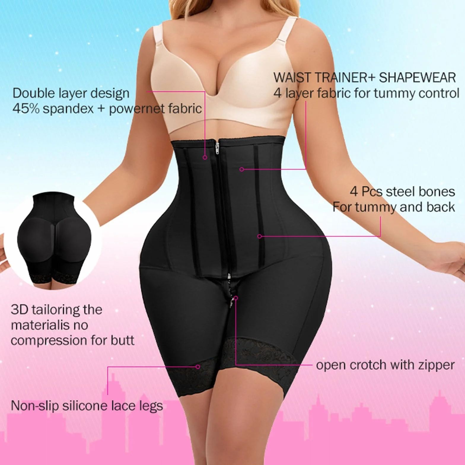 Gaine Amincissante pour Femmes, Niveau 2 Contrôle du Ventre, Rehausseur de Fesses, Amincissement des Cuisses Short de Compression Amincissant les Cuisses