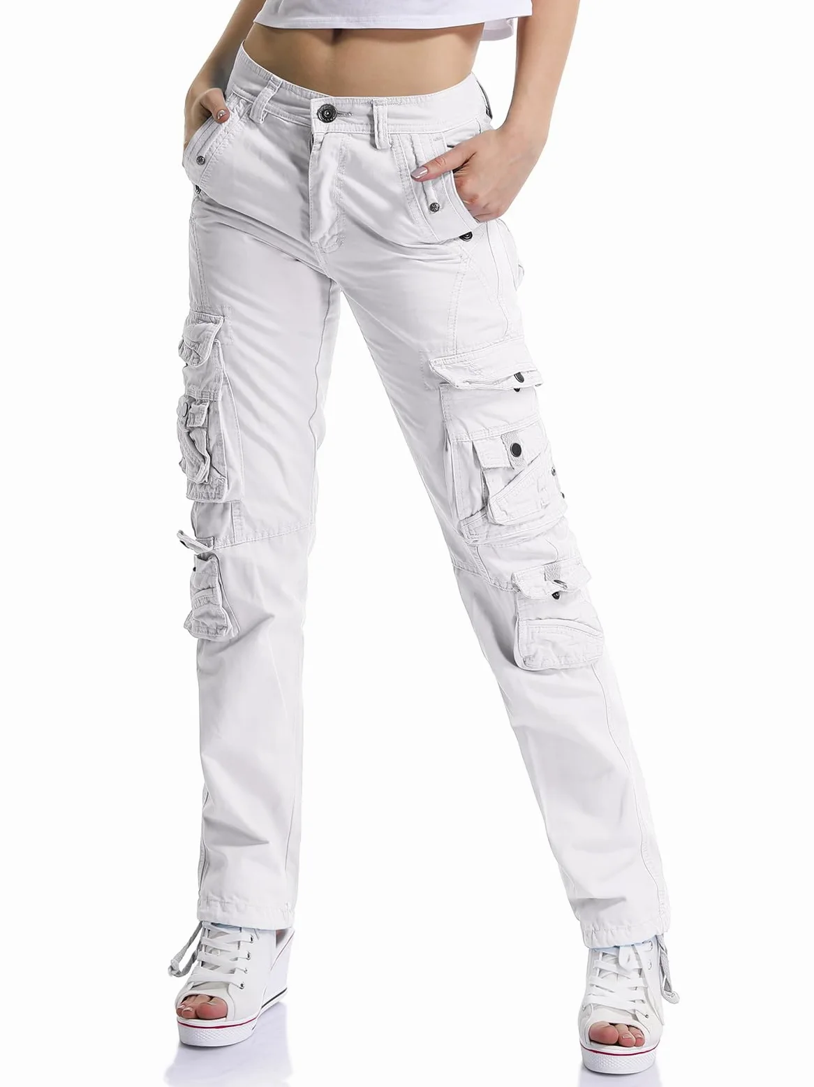 Aeslech Pantalon de travail cargo décontracté en coton pour femme - Taille haute - Pour voyage, randonnée, Y2K - Avec plusieurs poches