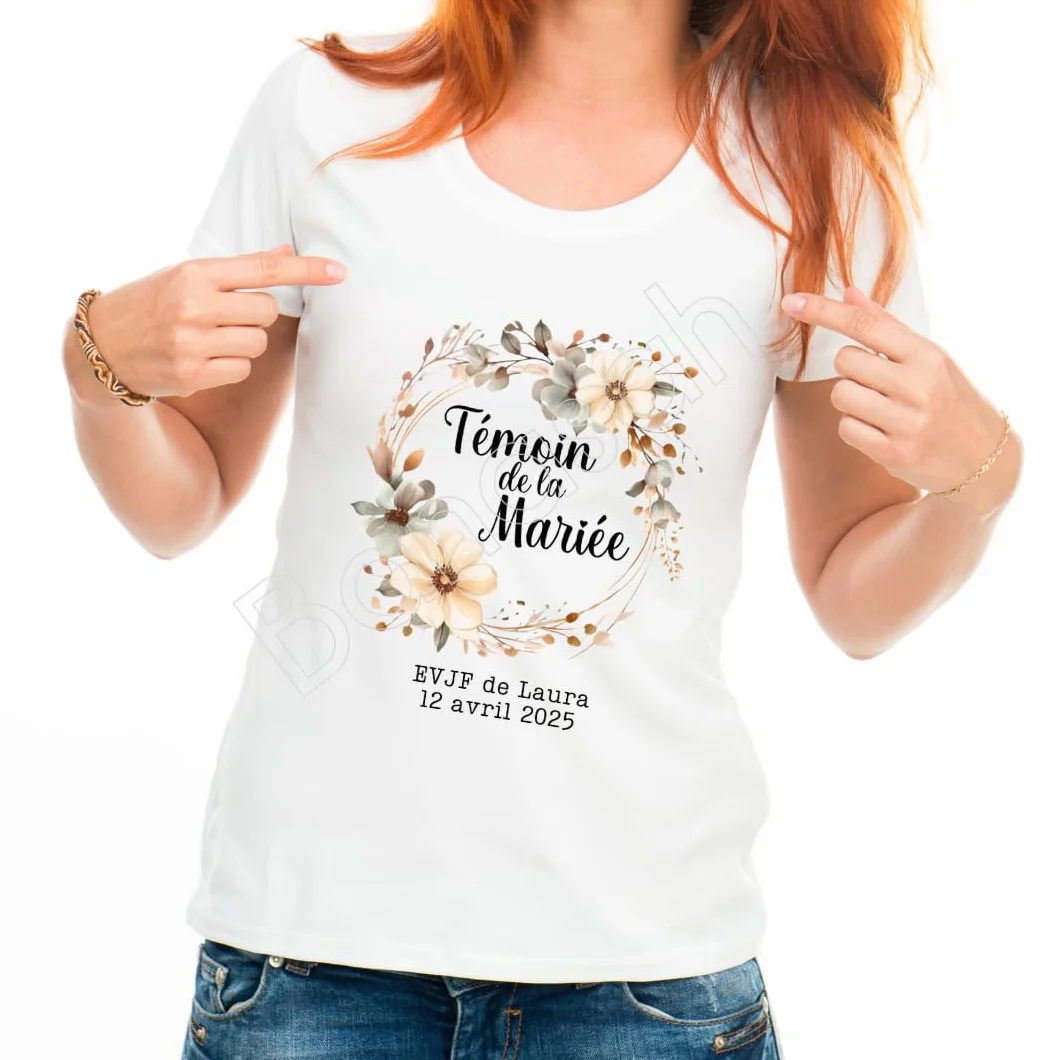 T-Shirt EVJF Team de la Mariée – Personnalisé avec prénom et Date – Enterrement de Vie de Jeune Fille 2025 – Cadeau EVJF Chic bohème