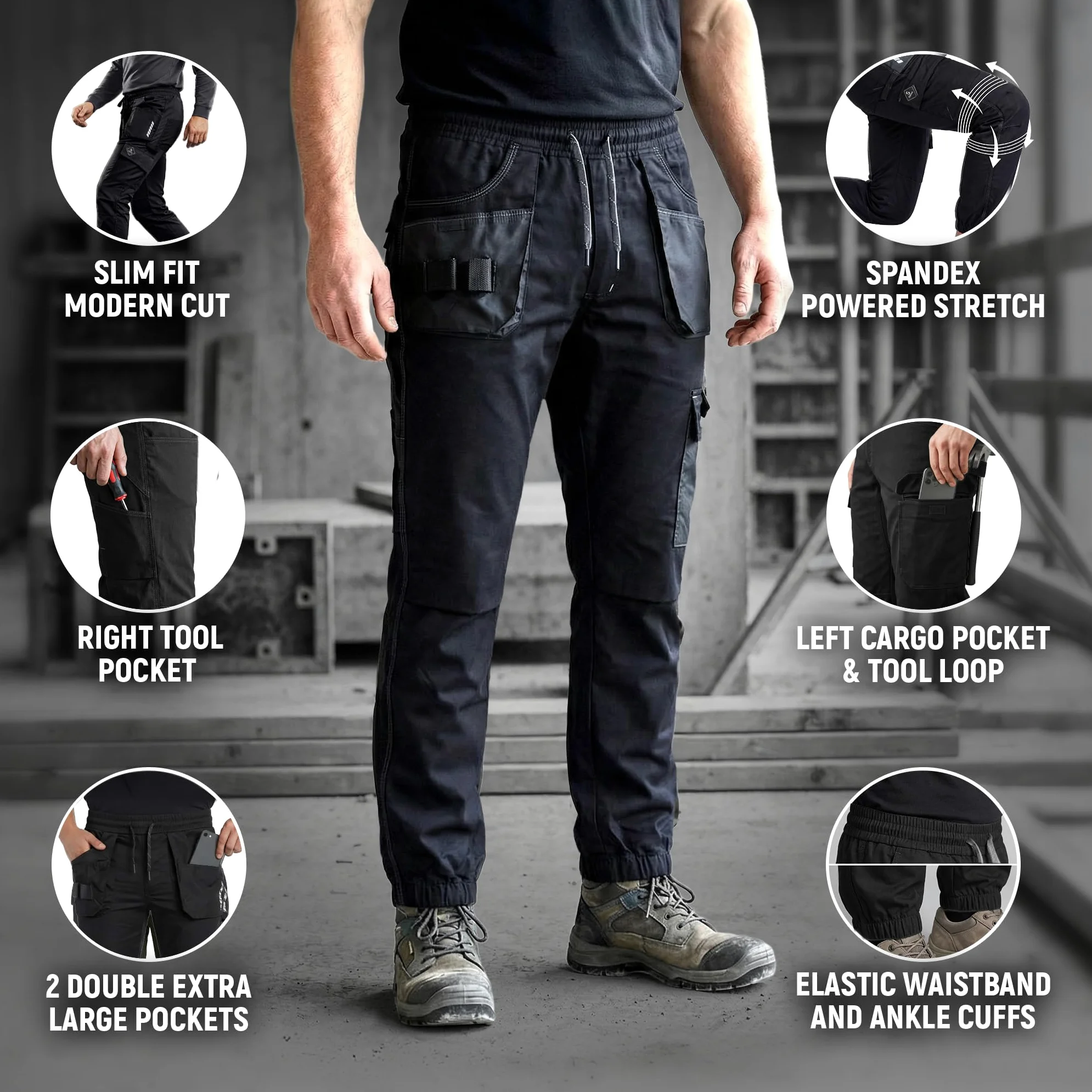 DINOZAVR Revolt Sport Pantalon De Travail Homme - Pantalon Homme Sportif en Matière Extensible avec Élasthanne, Triple Couture, Détails Réfléchissants, Ceinture Élastique