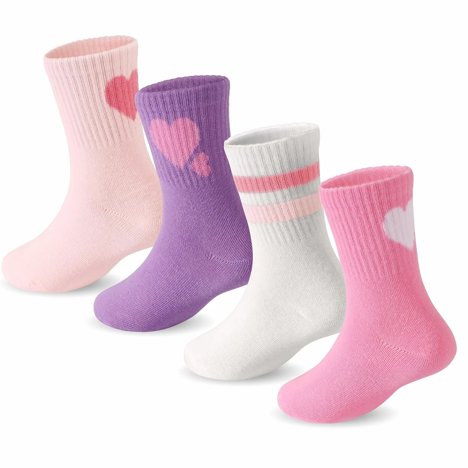 DRESHOW Chaussettes Enfant Fille Chaussettes de Sport Fille Avec Cœurs Rayés 4 Paires Pour Enfants 4-10 Ans