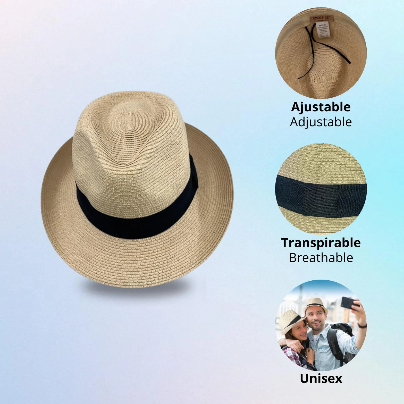Chapeau Panama unisexe été plage Fedora paille enroulable