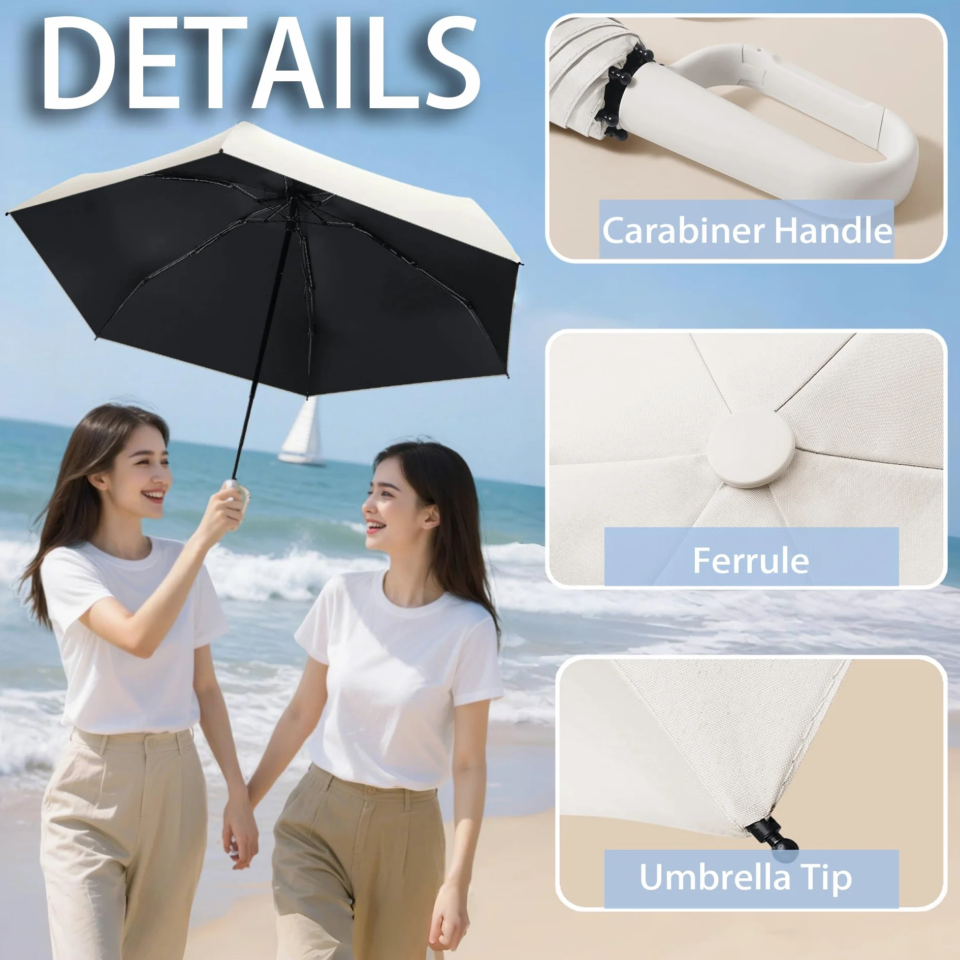 Mini Parapluie Pliant de Voyage Avec Poignée Mousqueton Pour Homme Femmes Enfant/6 Baleines/Compact Portable/Déperlant/Soleil Pluie/Poche/Revêtement en Téflon/Anti UV Protection/Ultra Léger
