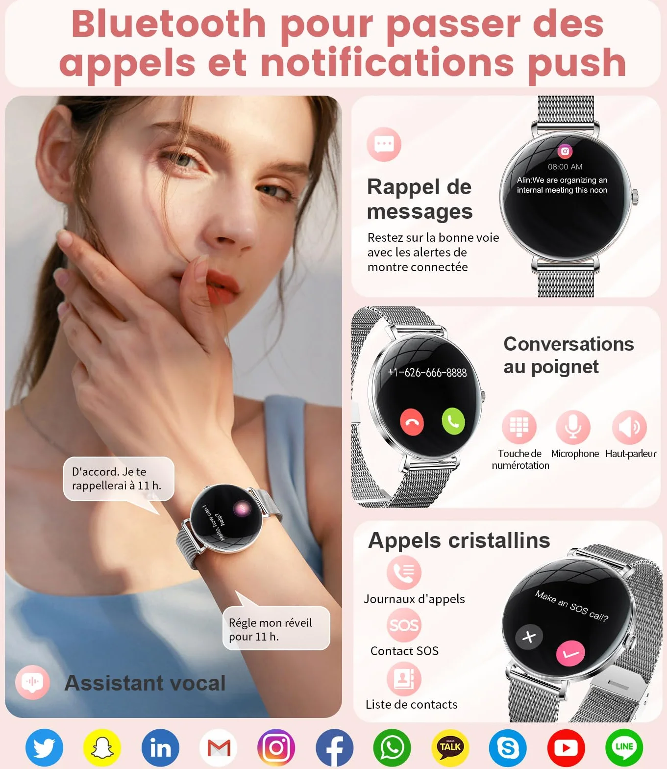 SUNKTA Montre Connectée Femme Léger avec 1.43'' Écran Courbé AMOLED Appels Cycles Menstruels/Podómetro/Fréquence Cardiaque 100+ Modes Sportifs 5ATM Imperméable Élégante Femme Smartwatch Android iOS