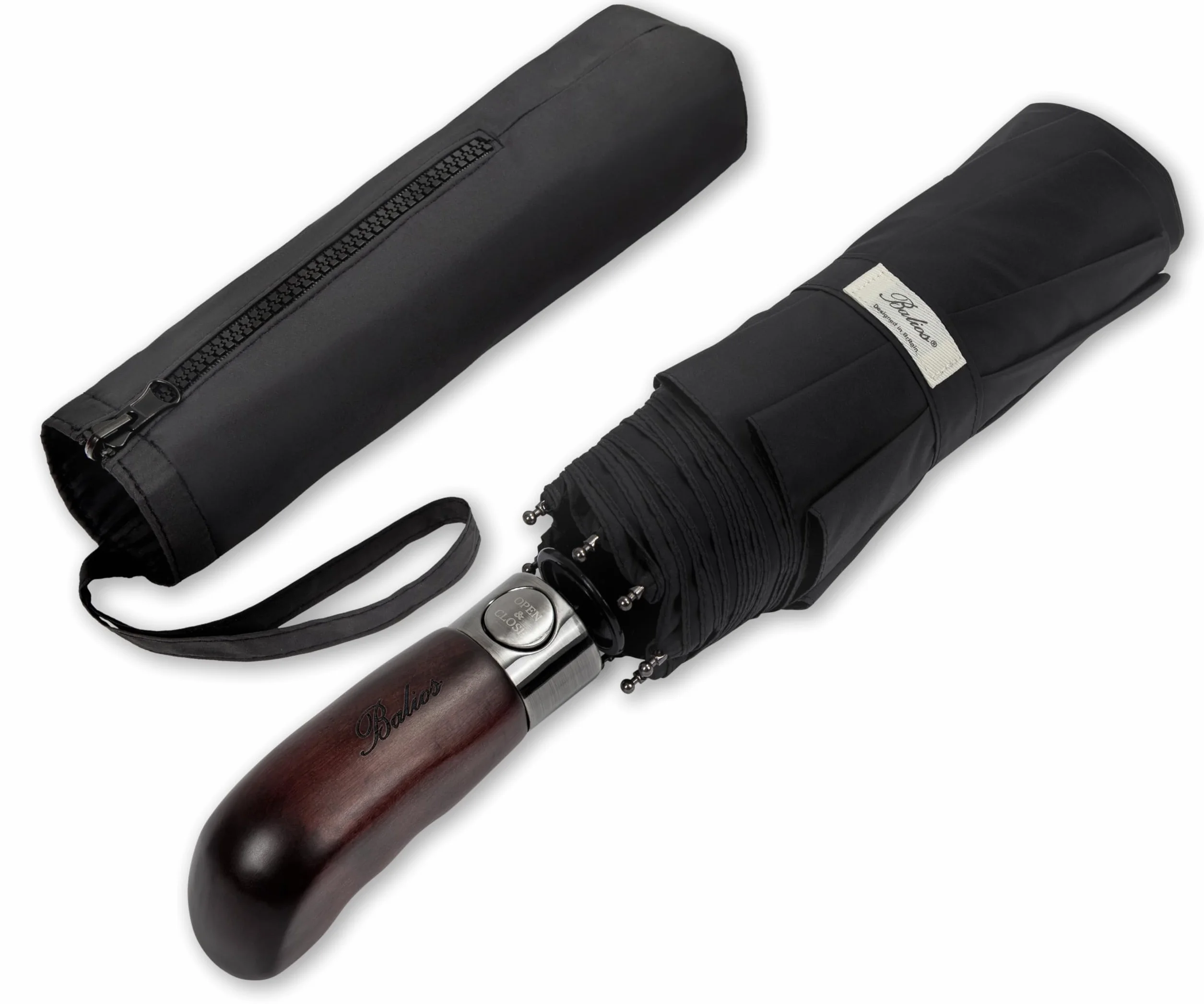 Balios® Parapluie de voyage, poignée en bois véritable, ouverture et fermeture automatiques, double toit coupe-vent ventilé, conçu au Royaume-Uni