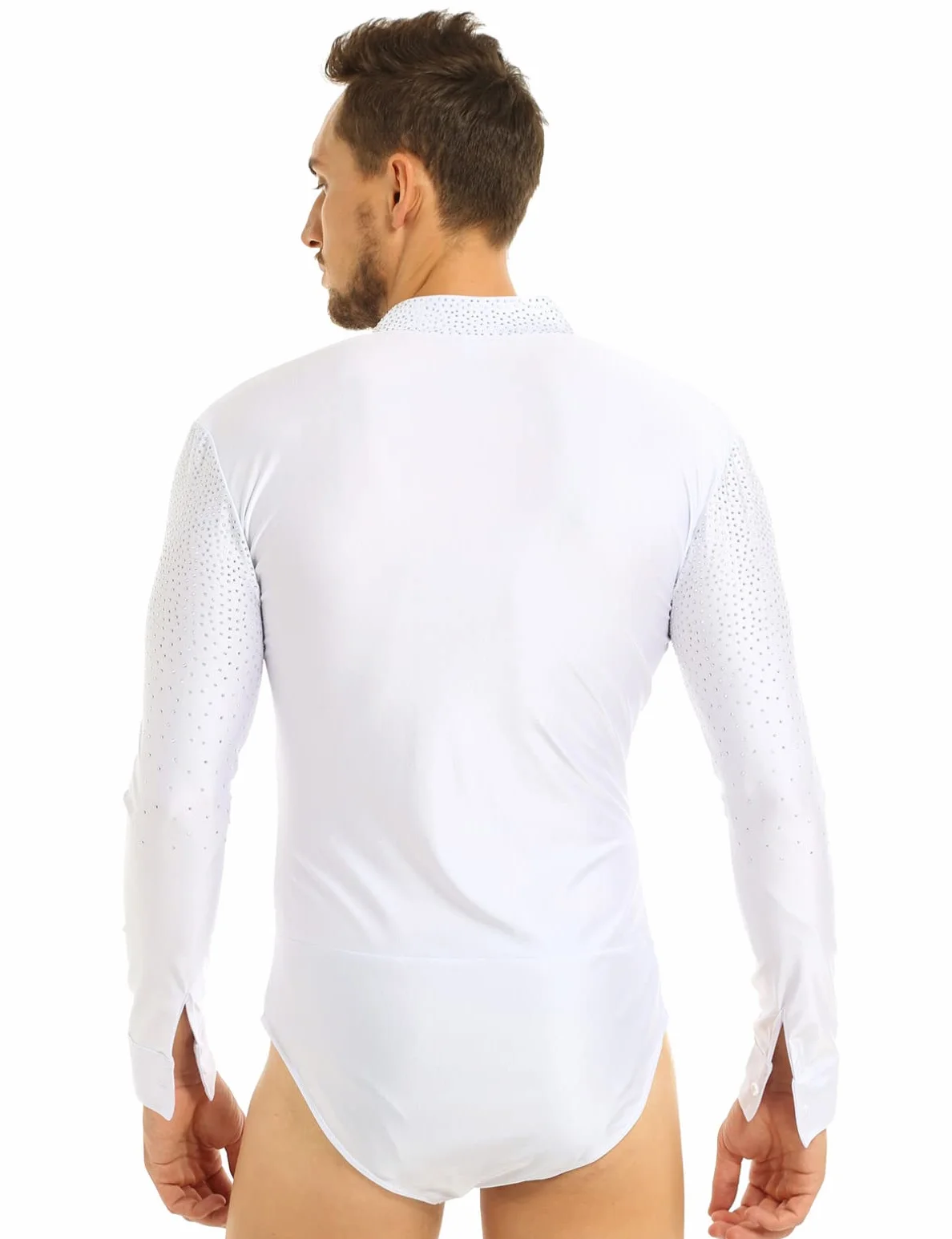 iiniim Body Chemise De Danse Manche Longue Col V Homme Justaucorps Danse Latine Tango Rumba Strass Shirt Leotard Dance Ballroom Bodysuit Soirée Bal Fête M-XXL