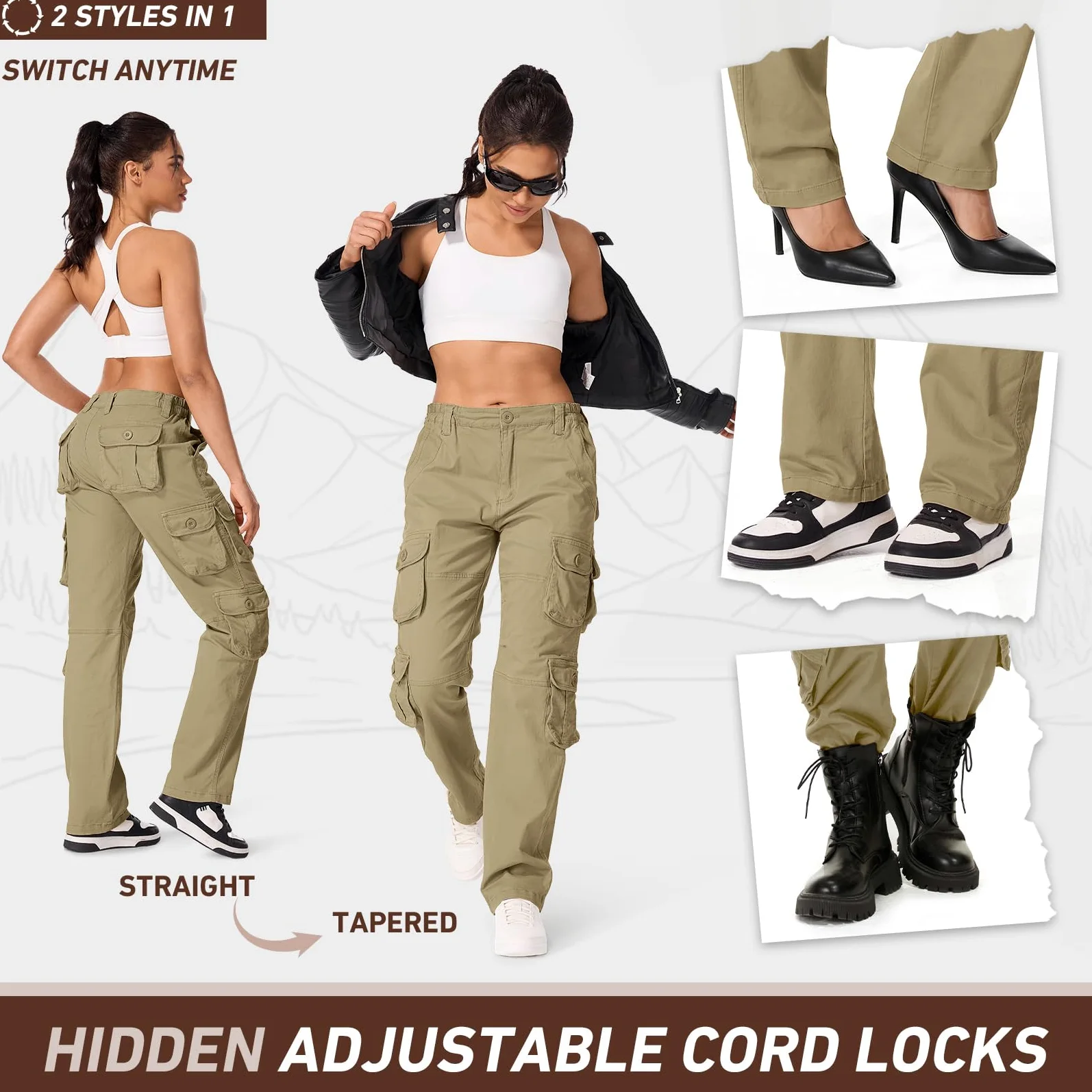 Pantalon cargo pour femme - Pantalon de travail - Pantalon d'extérieur stretch - Pantalon de randonnée - Pantalon d'été léger - Multi poches - Pantalon militaire - Coupe décontractée
