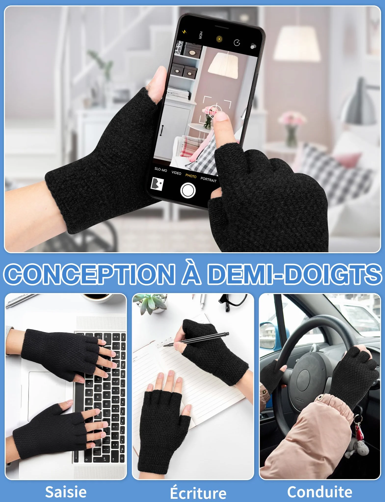 Kiiwah 2 Paires Gants d'Hiver Sans Doigts Antidérapant pour Hommes et Femmes, Chaude Mitaine Demi-Doigts Élastique pour Photographie, Conduite, Sport, Activités Plein Air Hiver