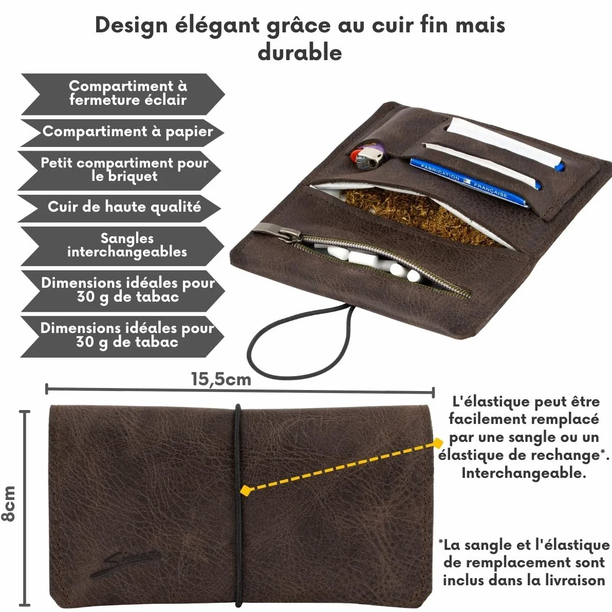 Simaru Blague à Tabac à Rouler en Cuir Italien Véritable - Étui 30g avec Compartiments pour Feuilles, Filtres et Briquets - Fermeture Éclair Supplémentaire pour un Rangement Sécurisé