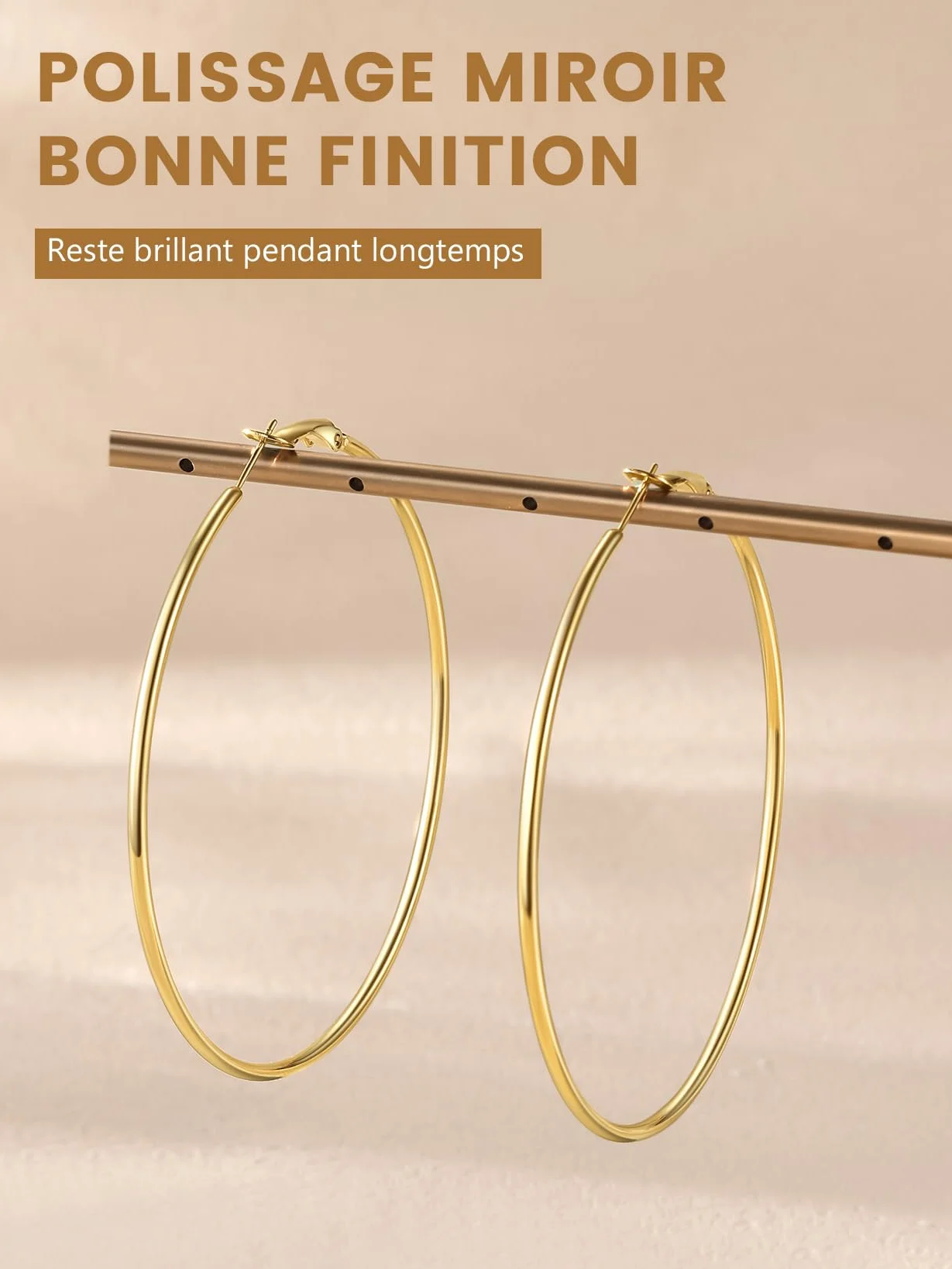 GoldChic Créole Femme Acier Inoxydable/Plaqué Or, Boucle d'Oreille Grand Anneau, Diamètre de 30/50/70/100 mm, Women's Hoop Earrings