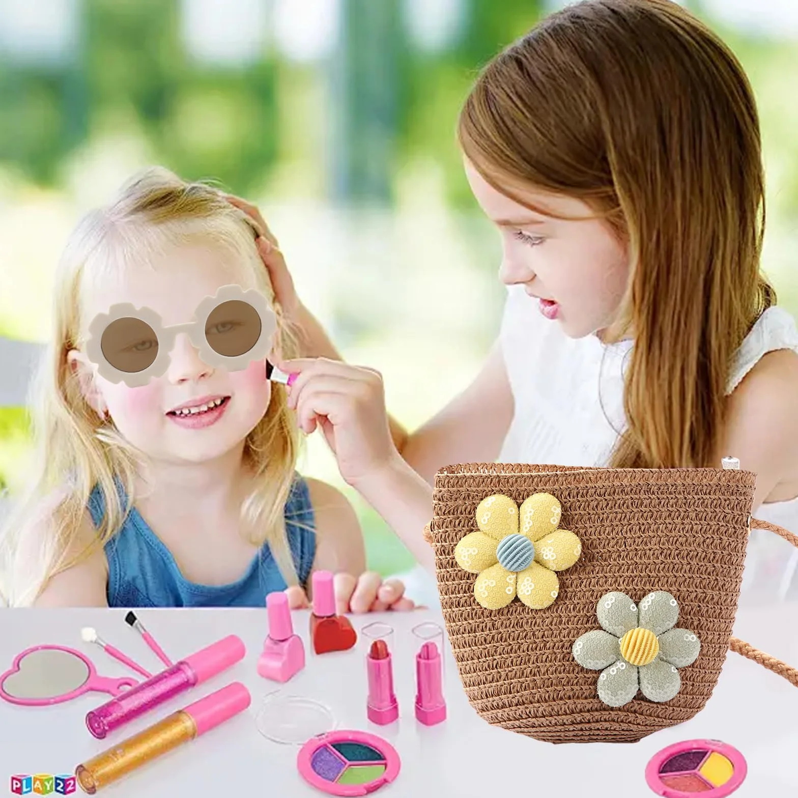 Ensemble sac à bandoulière pour filles – Joli sac à main avec lunettes de soleil à fleurs, sac à main tressé réglable pour enfant