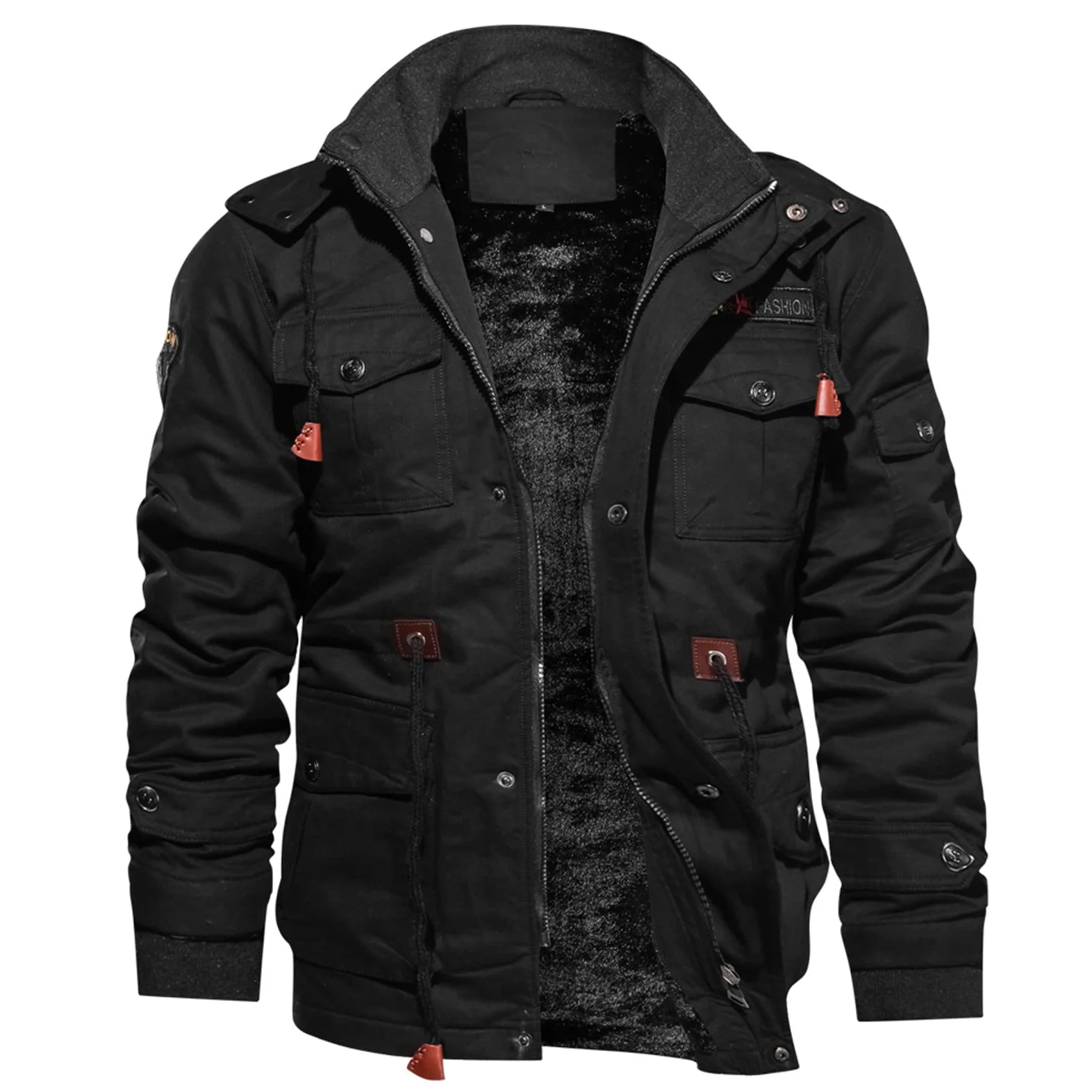 Veste Travail Homme Capuche Col Revers Manteaux Militaire Parka Mi Saison Hiver Chaud Épais Blousons Décontractée Zippé Pas Cher Slim Manche Longue Multi-Poches Trucker Jacket A18